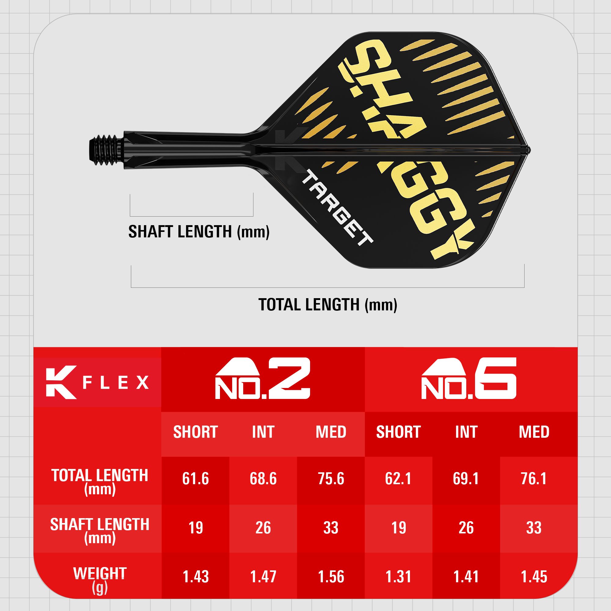 Target K-Flex Scott Williams No2 Standaard Vluchtas Systeem Das Bild zeigt das Produkt "Target K-Flex Scott Williams No2 Standard Flights" mit einem schwarzen und goldenen Design. Unten sind die Maße für verschiedene Längen und Gewichte der Flights in einer Tabelle dargestellt.