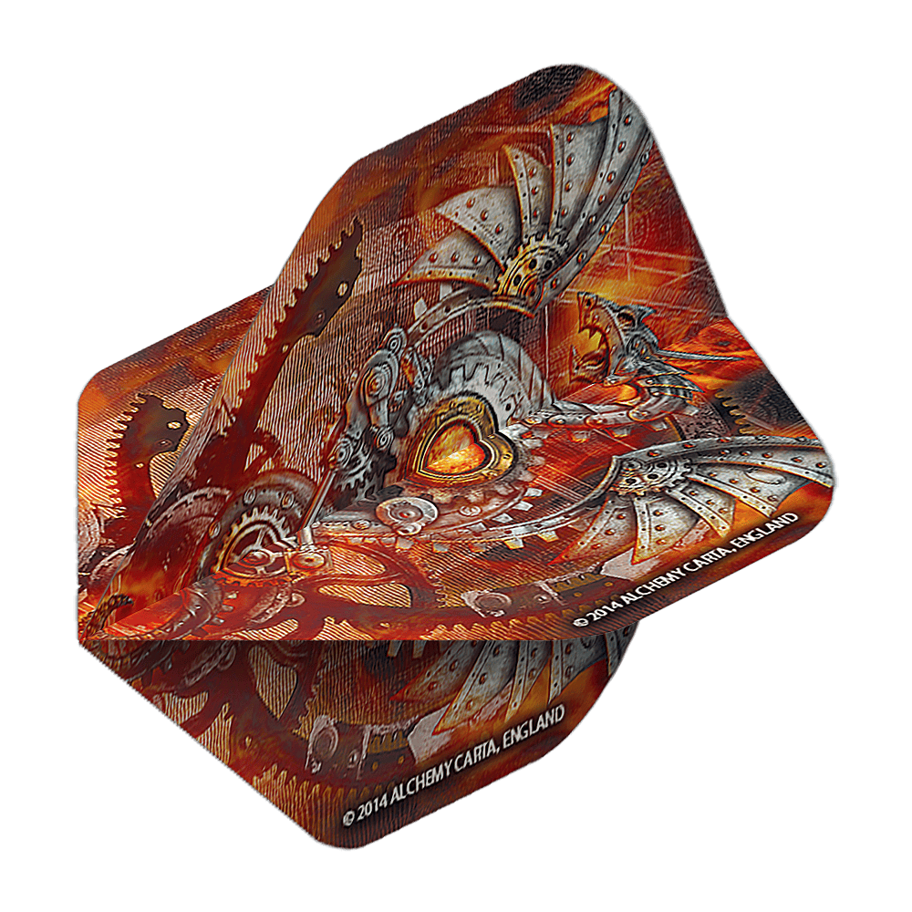 Alchemy Tech Dragon No2 Standaardvluchten Das Bild zeigt ein Dart-Flight mit einem detailreichen, mechanischen Drachenmotiv in Rot- und Metalltönen. Auf dem Flight steht "2014 ALCHEMY CARTA, ENGLAND" geschrieben.