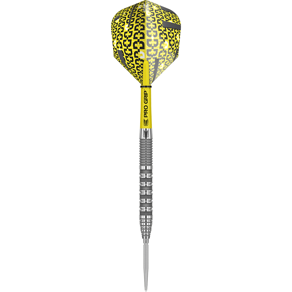 190051_Target_Bolide_01_Swiss_Point_Steeldarts_1f5d8qGp4C4oEP Das Bild zeigt einen Target Bolide 01 Swiss Point Steeldart mit einem silbernen Griff und gelben Elementen. Die Dartflights sind gelb-schwarz gemustert und der Schaft trägt die Aufschrift "PRO GRIP".