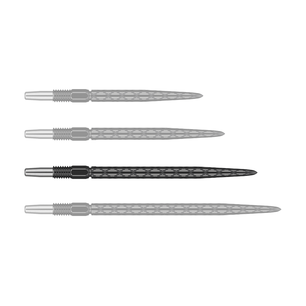Target Swiss Diamond Pro Black Points dartpunten Das Bild zeigt vier schwarze Dartspitzen mit einem rautenförmigen Muster. Sie sind nebeneinander auf weißem Hintergrund angeordnet.
