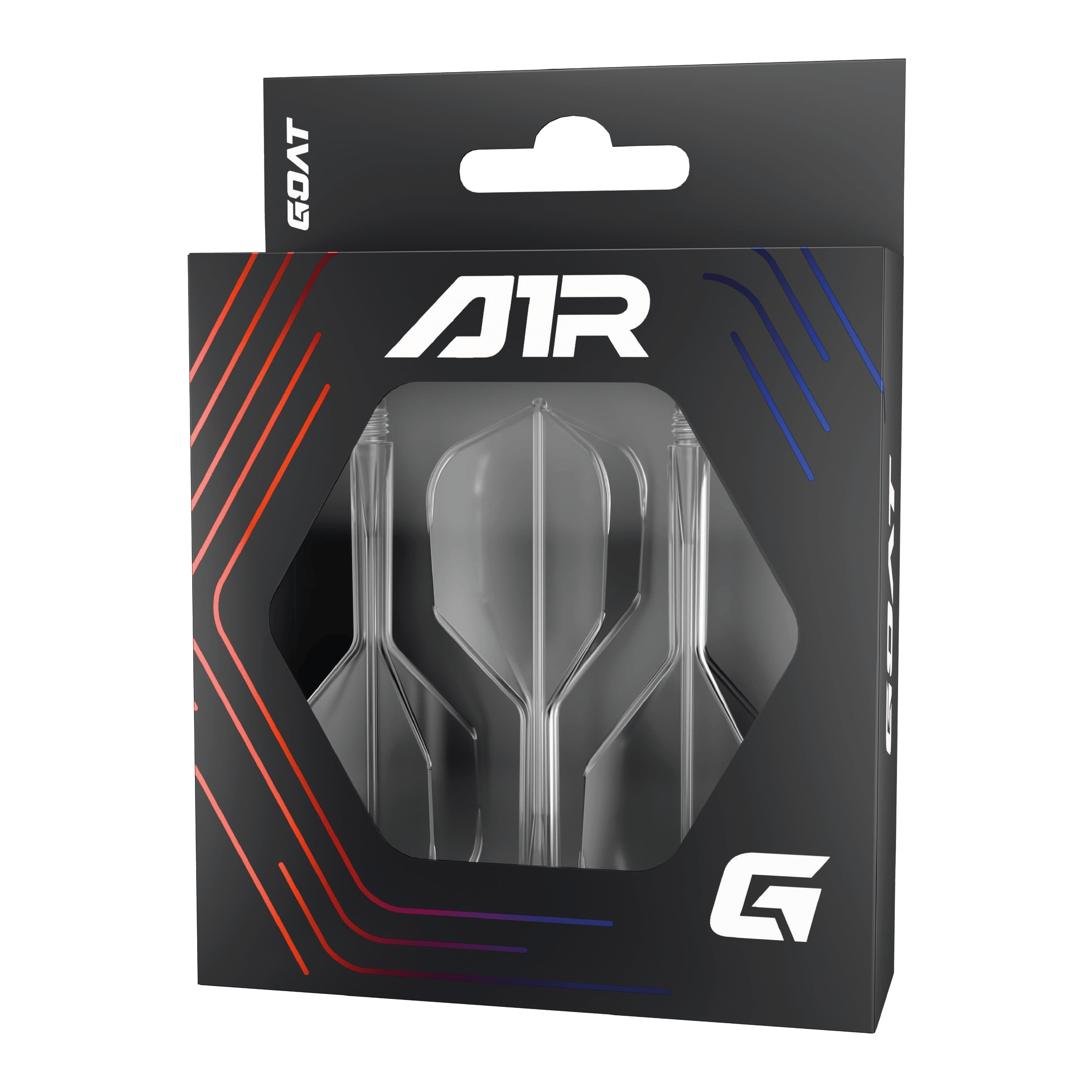 GOAT A1R No6 Flight Shaft-systeem - Helder Die Abbildung zeigt das Produkt "GOAT A1R No6 Flight-Shaft-System - Clear" in einer schwarzen Verpackung mit Sichtfenster. In der Packung sind drei klare Flight-Shaft-Systeme für Dartpfeile zu sehen.