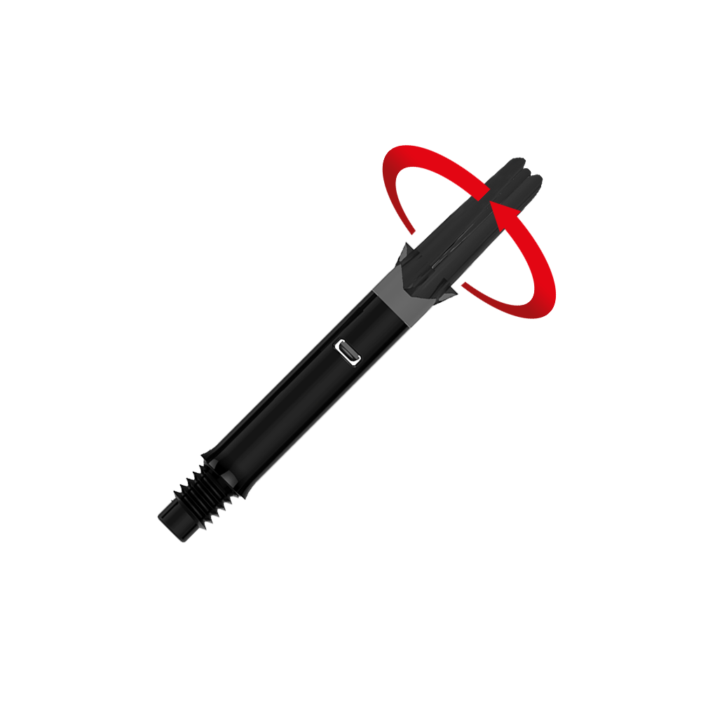 L-L-Style-Shafts Silent Straight - Zwart Das Bild zeigt einen schwarzen, geraden Dart-Schaft ohne Kappen. Ein roter Pfeil deutet eine Drehbewegung am oberen Ende des Schafts an.