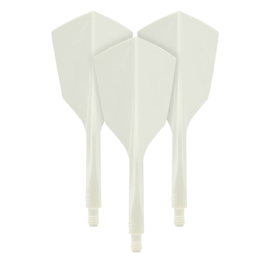 Condor Axe 120 Flight-System White - Narrow Auf dem Bild sind drei weiße Dartflights aus dem Set "Condor Axe 120 Flight-System White - Narrow" zu sehen. Die Flights haben eine schmale Form und sind miteinander verbunden.