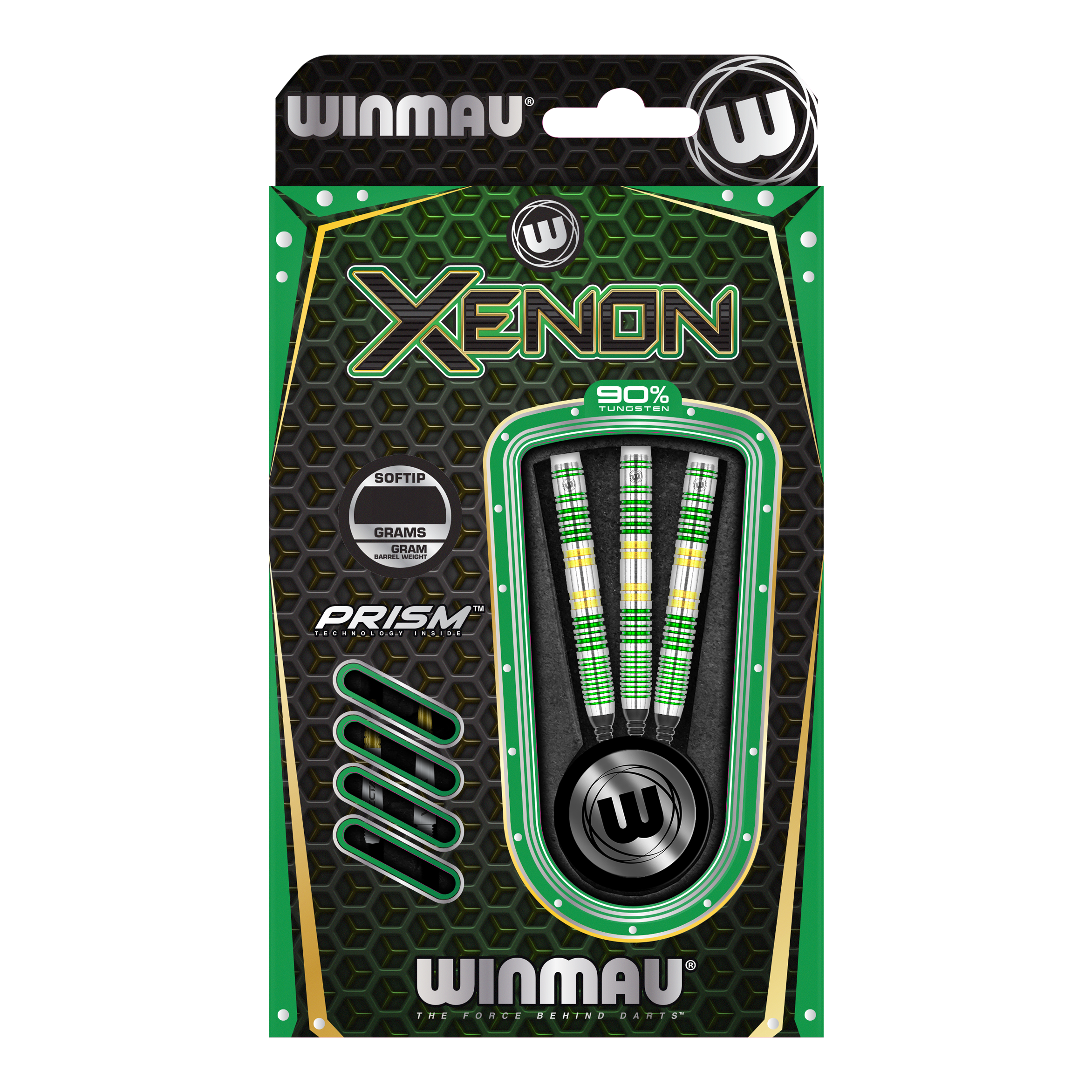 Winmau Xenon Softdarts - 20g Das Bild zeigt eine Packung Winmau Xenon Softdarts mit einem Gewicht von 20g. Die Verpackung ist überwiegend schwarz und grün gestaltet und enthält drei Darts.