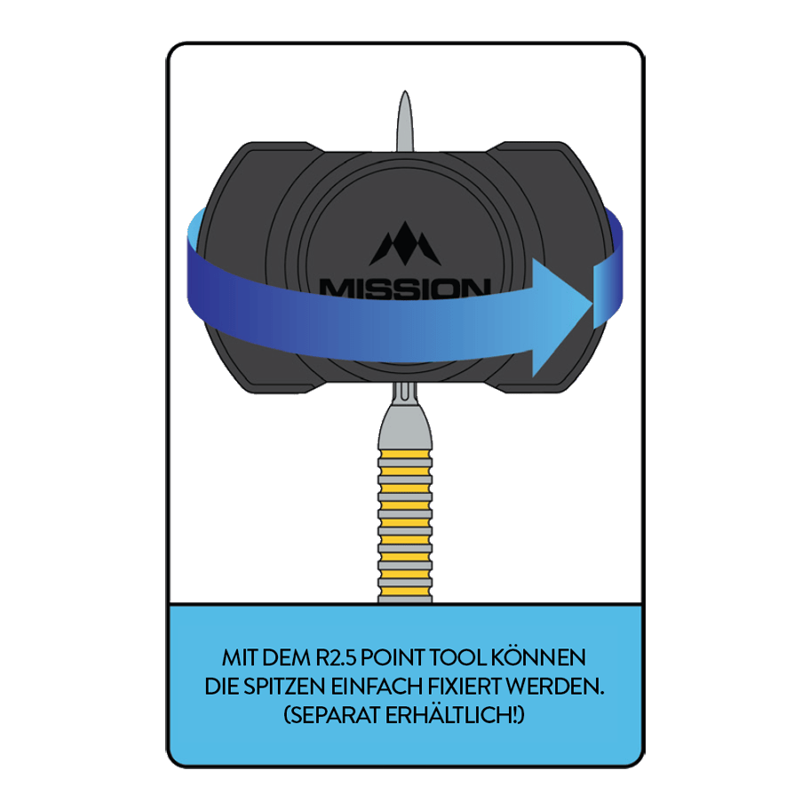 Mission R2.5 Snelpuntgereedschap Hier ist das Mission R2.5 Rapid Point Tool abgebildet. Es unterstützt den Spieler beim Wechseln der Dartspitzen.