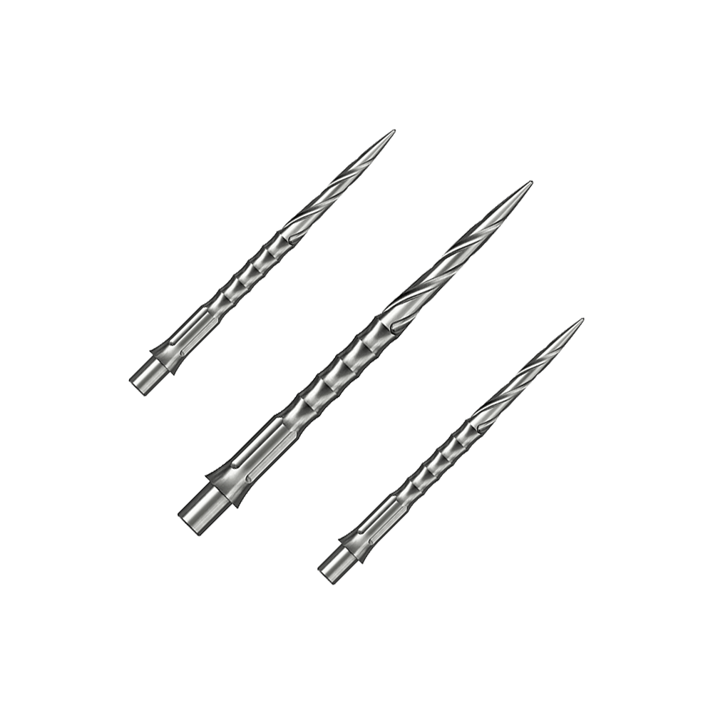 Caliburn System stalen dartpunten - Spiro - NoLip - zilver Das Bild zeigt ein Set aus silbernen Steeldartspitzen. Diese Spitzen sind 32 mm lang und haben ein Spiro NoLip Design.