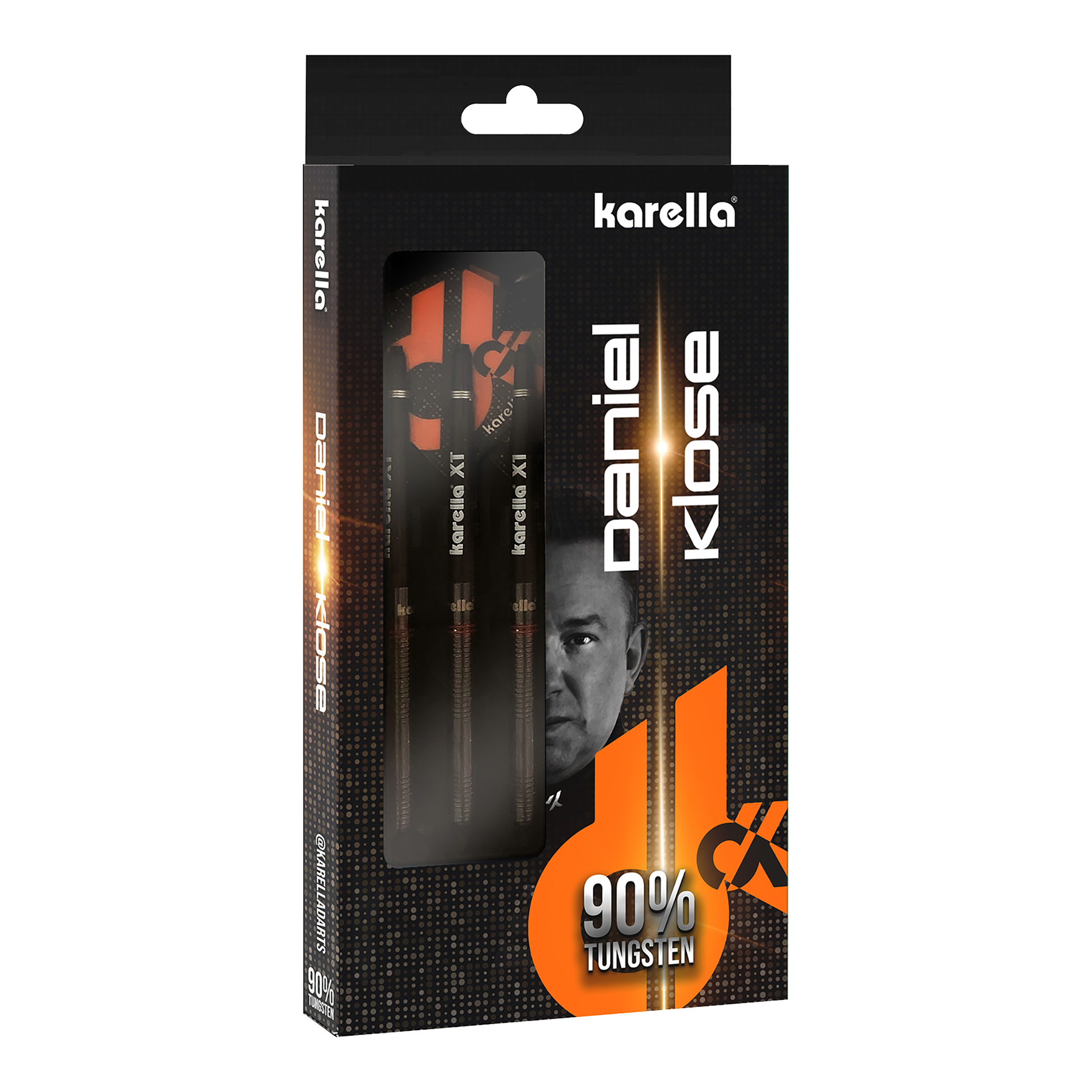 Karella Daniel Klose stalen dartpijlen Die Verpackung zeigt die Karella Daniel Klose Steeldarts. Die Darts bestehen zu 90% aus Wolfram.