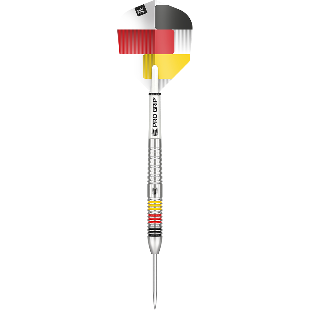 190098_Target_Gabriel_Clemens_80_Steeldarts_1dMKK0T5rMYf5V Das Bild zeigt einen Target Gabriel Clemens 80% Steeldart. Der Dartpfeil hat einen silbernen Schaft und eine Flights in den Farben der deutschen Flagge.