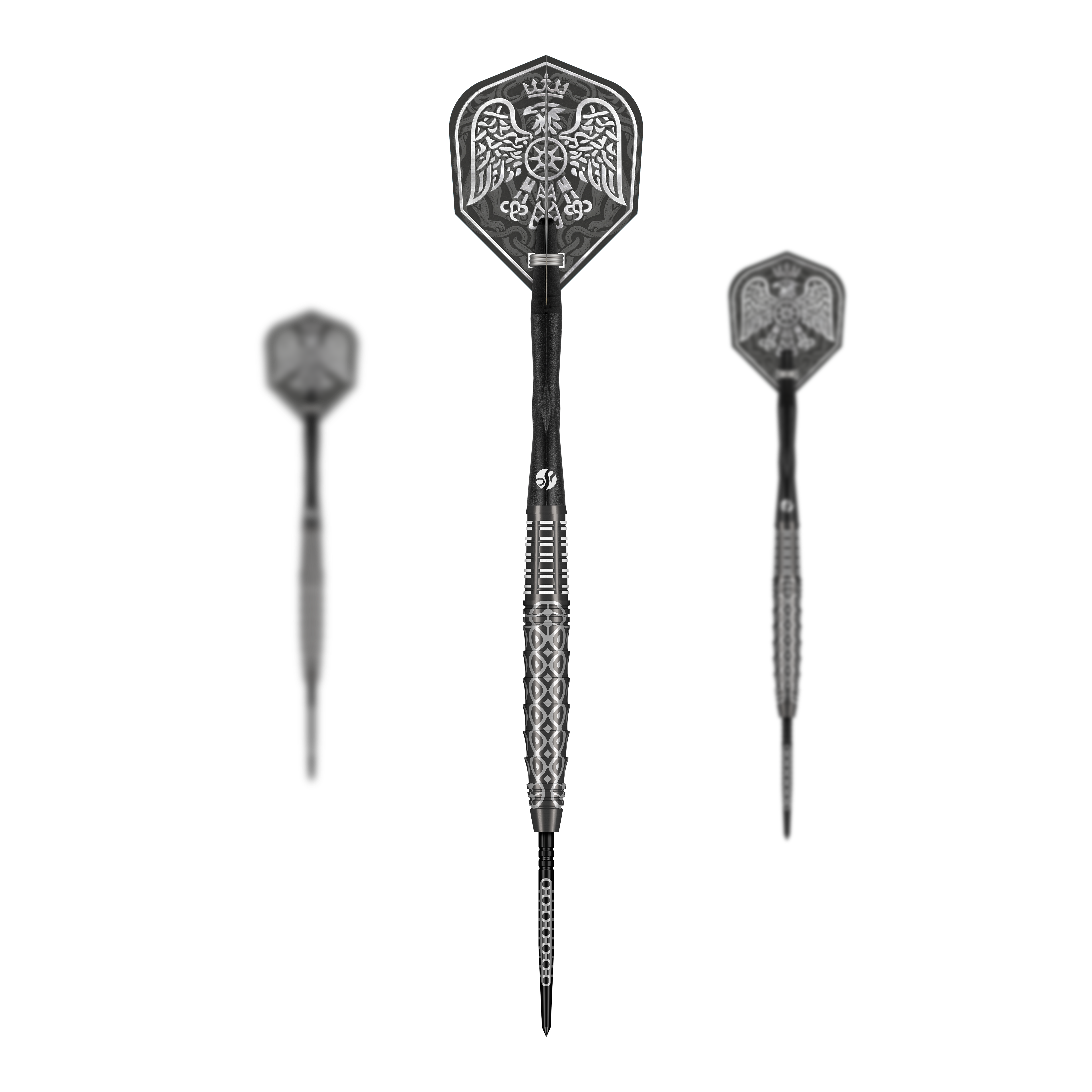 Shot Goths Wulfaz Turbo Point stalen dartpijlen - 23 g Das Bild zeigt das Shot Goths Wulfaz Turbo Point Steeldarts - 23g Set. Alle Teile des Dart Sets sind deutlich zu erkennen.