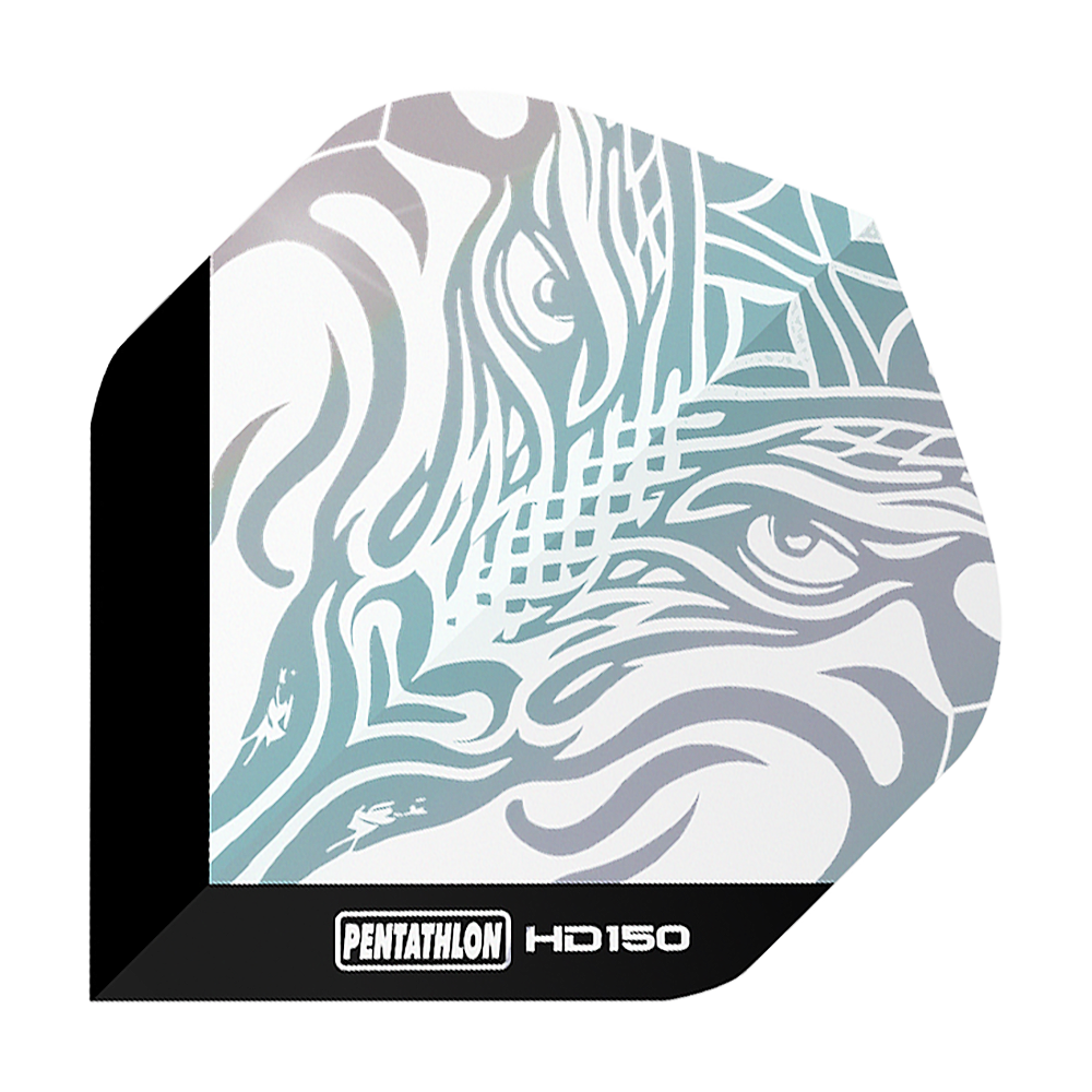 Pentatlon HD150 Metallic Clear Standaardvluchten Das Bild zeigt das Produkt "Pentathlon HD150 Metallic Clear Standard Flights". Auf dem Flight ist ein stilisiertes, metallisch schimmerndes Muster zu sehen, das an ein Tiergesicht erinnert.