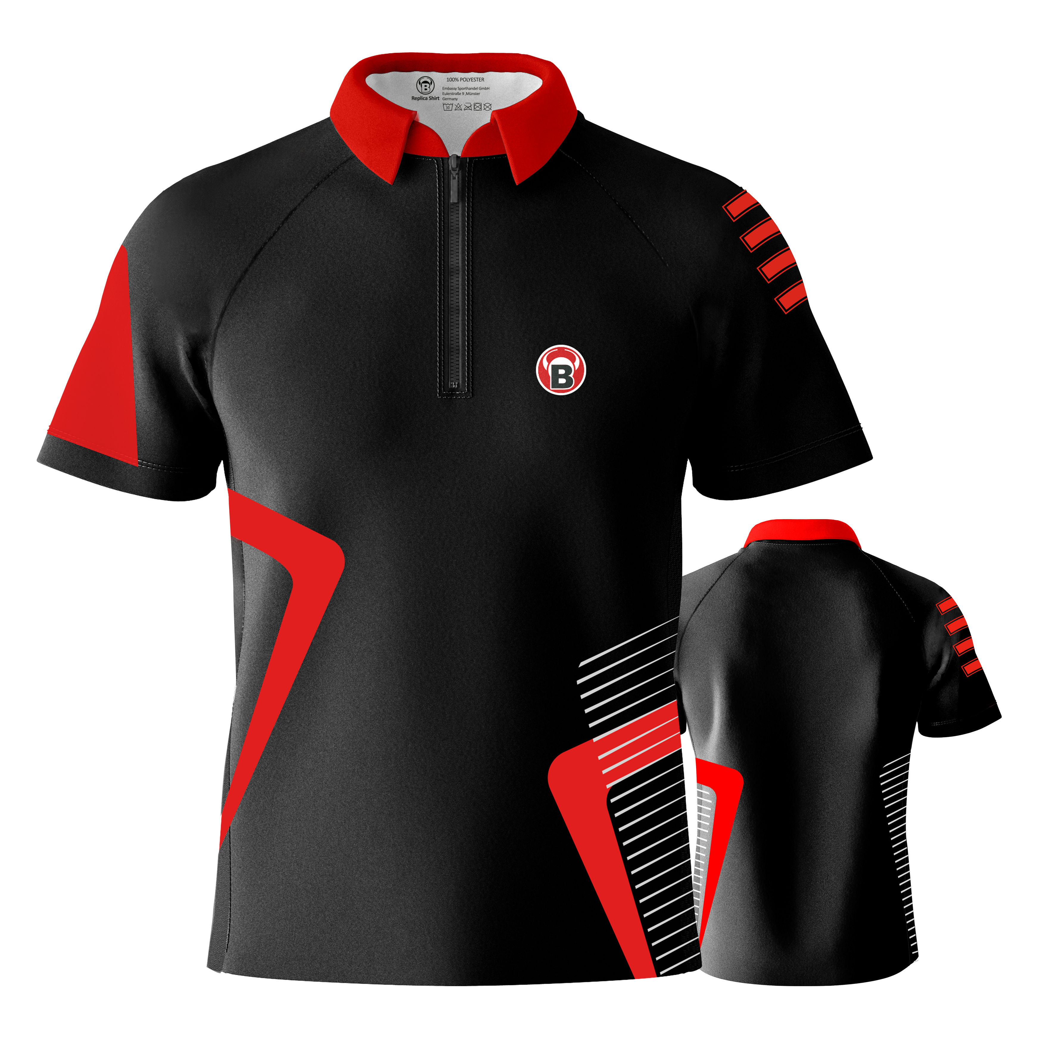 Bulls Team Dart Shirt - Rood Das Bild zeigt ein schwarzes Dartshirt mit roten und weißen Akzenten. Das Shirt hat einen roten Kragen und das Bulls-Logo auf der Vorderseite.