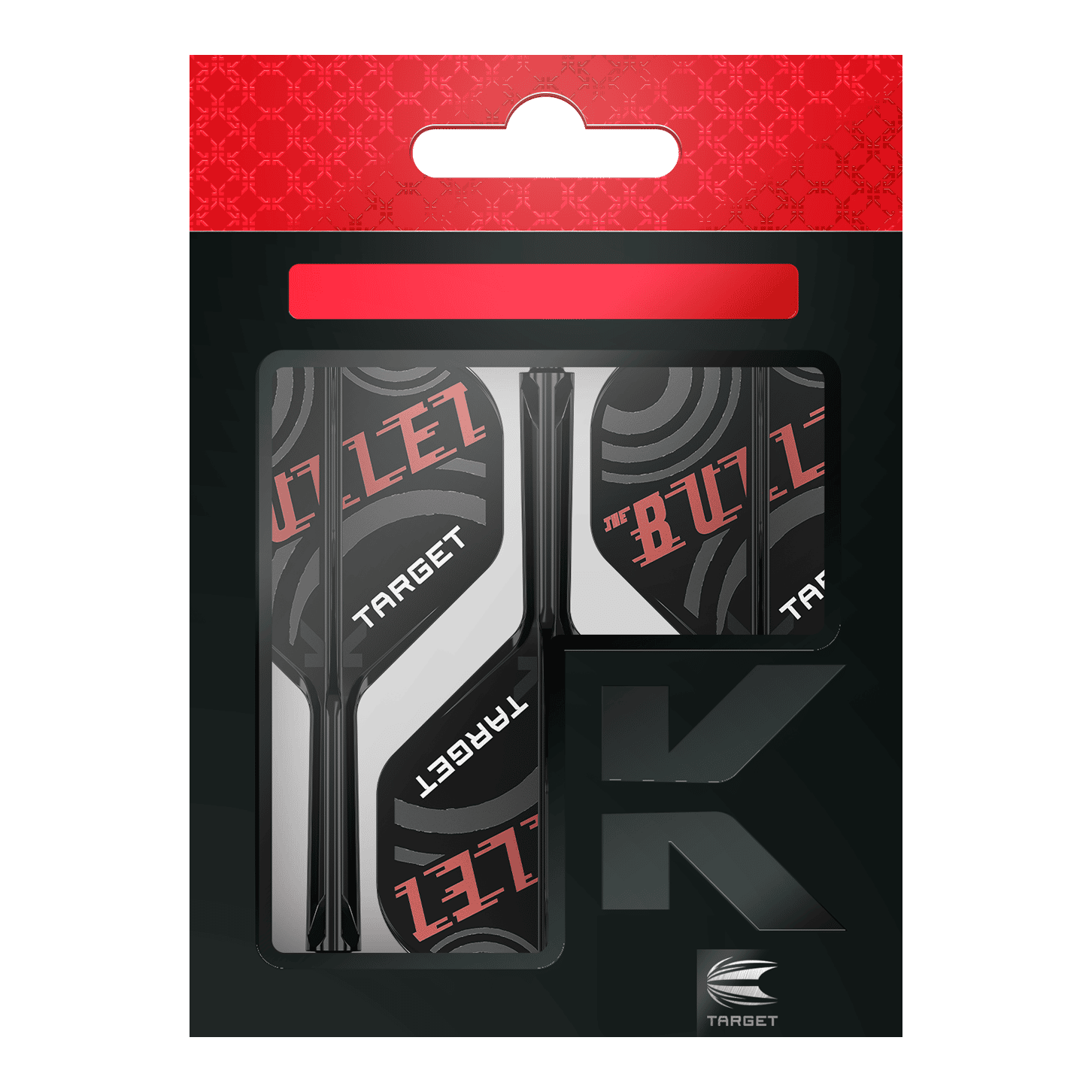 Die Abbildung zeigt eine Verpackung der "Target K-Flex Stephen Bunting No2 Standard Flights". Die Flights sind schwarz, weiß und rot gestaltet und tragen die Aufschrift "THE BULLET" sowie "TARGET".