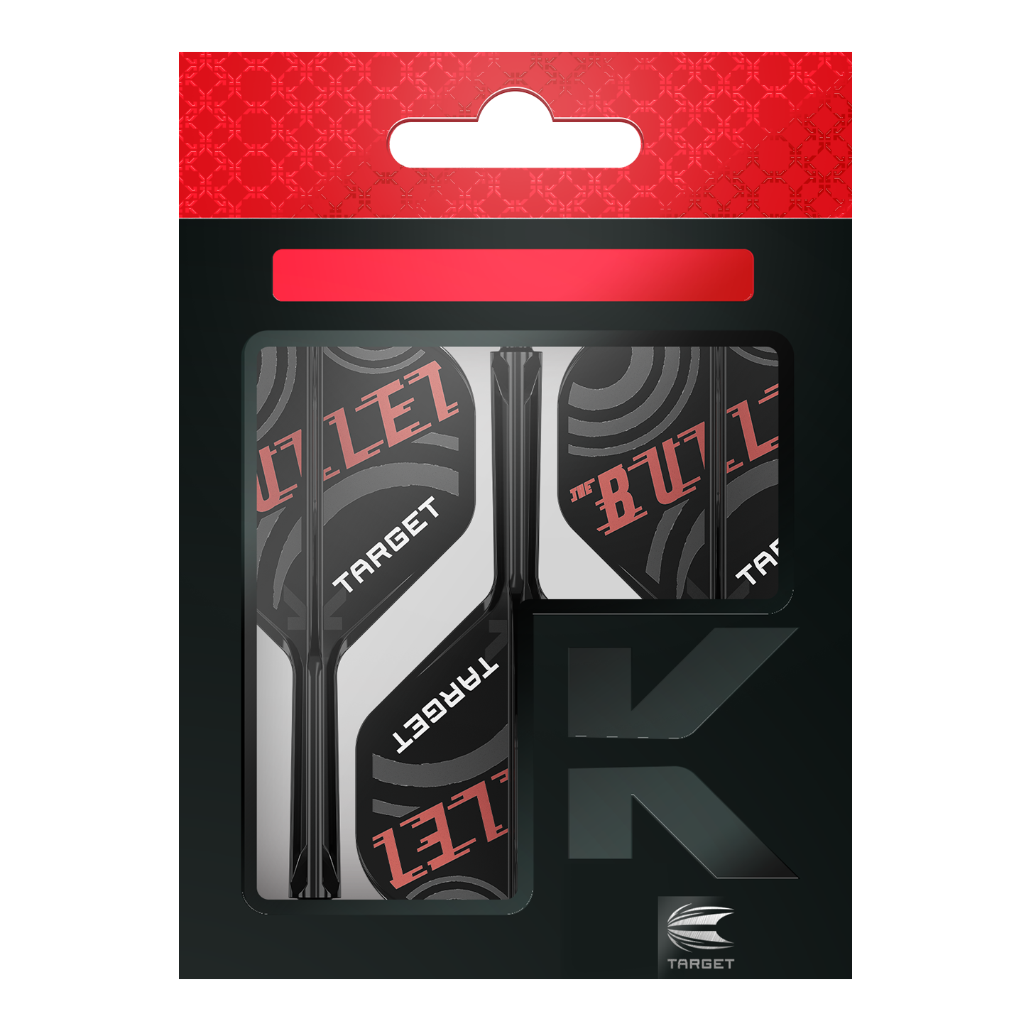 Target K-Flex Stephen Bunting No2 Standaard Vlucht Shaft Systeem Die Abbildung zeigt eine Verpackung der "Target K-Flex Stephen Bunting No2 Standard Flights". Die Flights sind schwarz, weiß und rot gestaltet und tragen die Aufschrift "THE BULLET" sowie "TARGET".