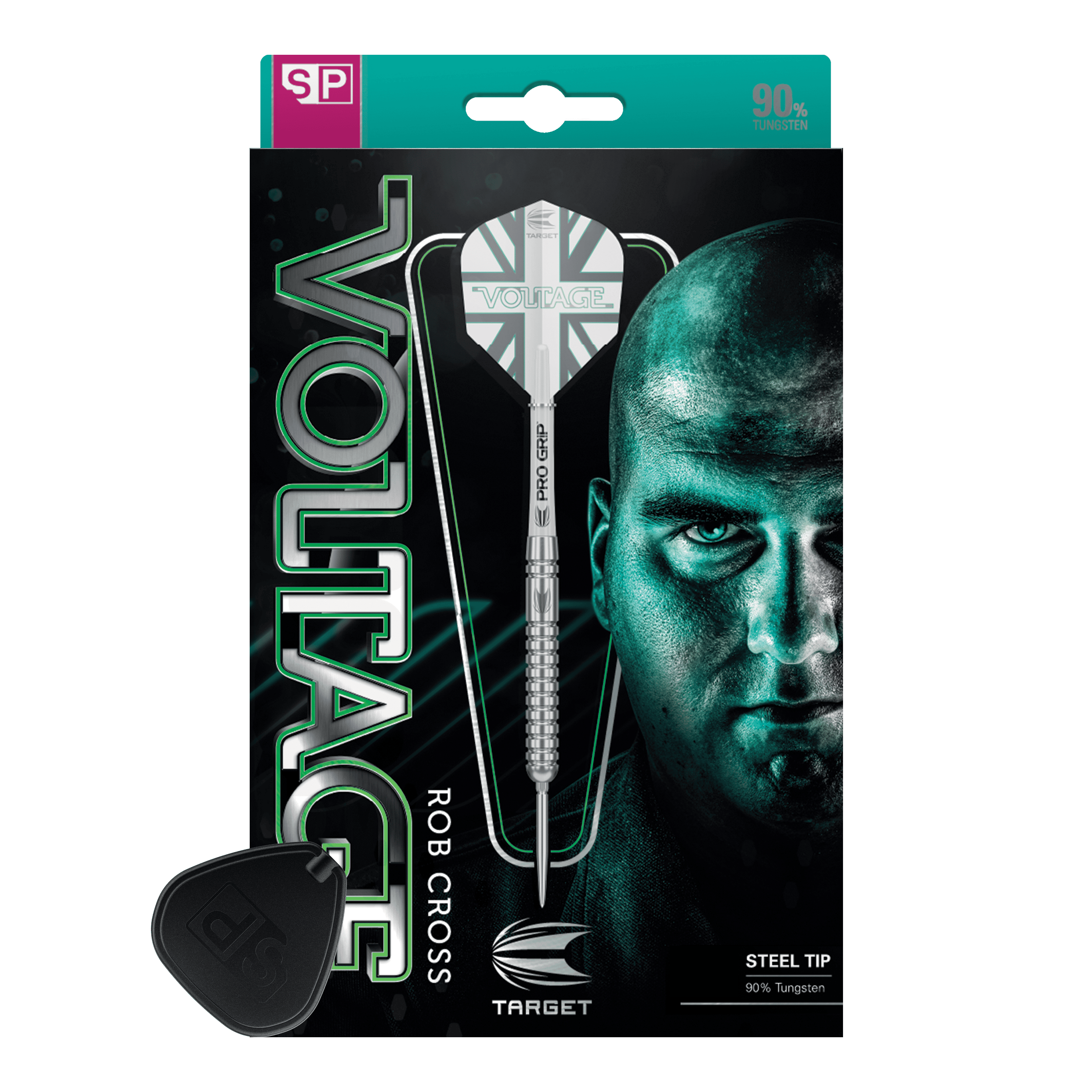 Das Bild zeigt die Verpackung der "Target Rob Cross Voltage Swiss Point Steeldarts". Auf der Verpackung sind ein Dartpfeil und das Gesicht eines Mannes prominent abgebildet.