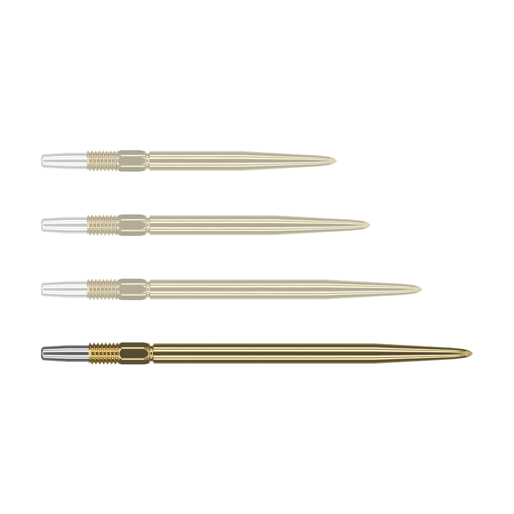 Target Swiss Point Gold darttips Auf dem Bild sind vier goldfarbene Dartspitzen zu sehen, die nebeneinander liegen. Die Spitzen haben einen silbernen Abschnitt am linken Ende und sind ansonsten komplett goldfarben.