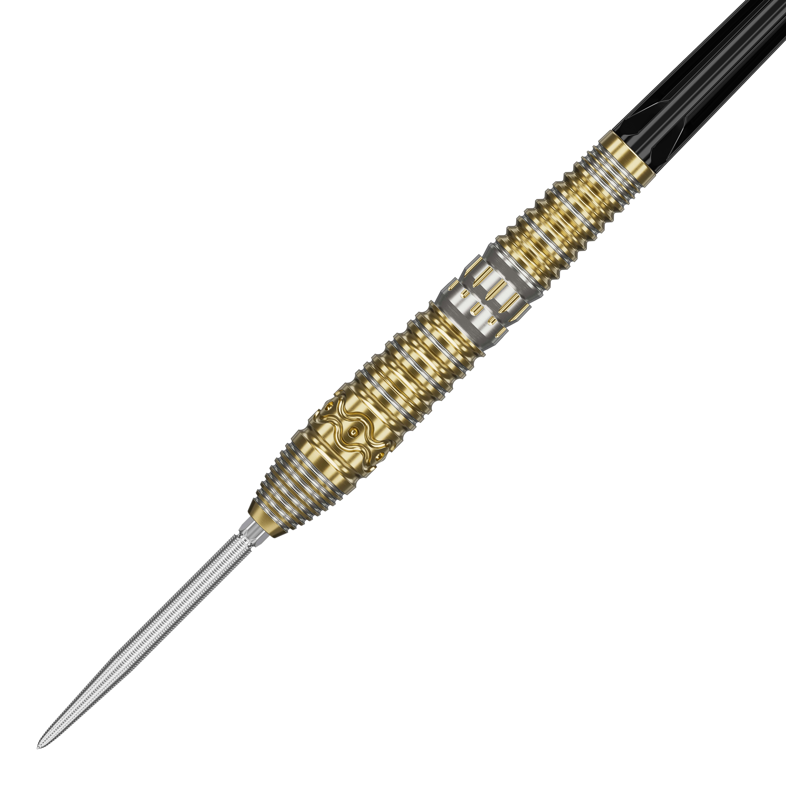 Target Japan Hot Shot GEN2 stalen darts - 23g Das Bild zeigt einen Target Japan Hot Shot GEN2 Steeldart mit einem Gewicht von 23g. Der Steeldart hat ein auffälliges Design mit goldenen und silbernen Rillen und Mustern am Barrel.