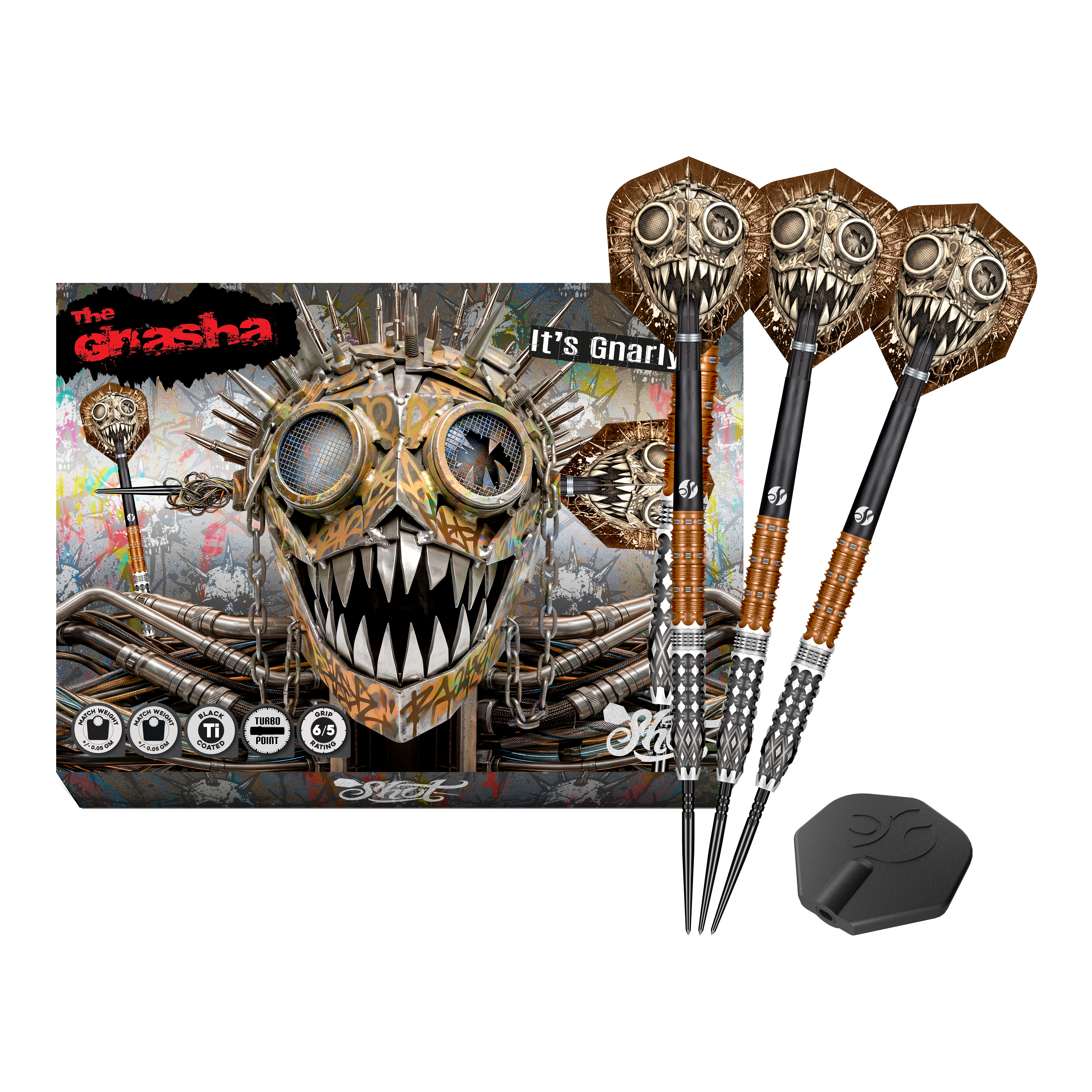 Shot Gnarly Gnasha Turbo Point stalen dartpijlen - 23 g Dieses Bild stellt die Shot Gnarly Gnasha Turbo Point Steeldarts mit 23g vollständig dar. Das Set ist ideal für Dart-Liebhaber.