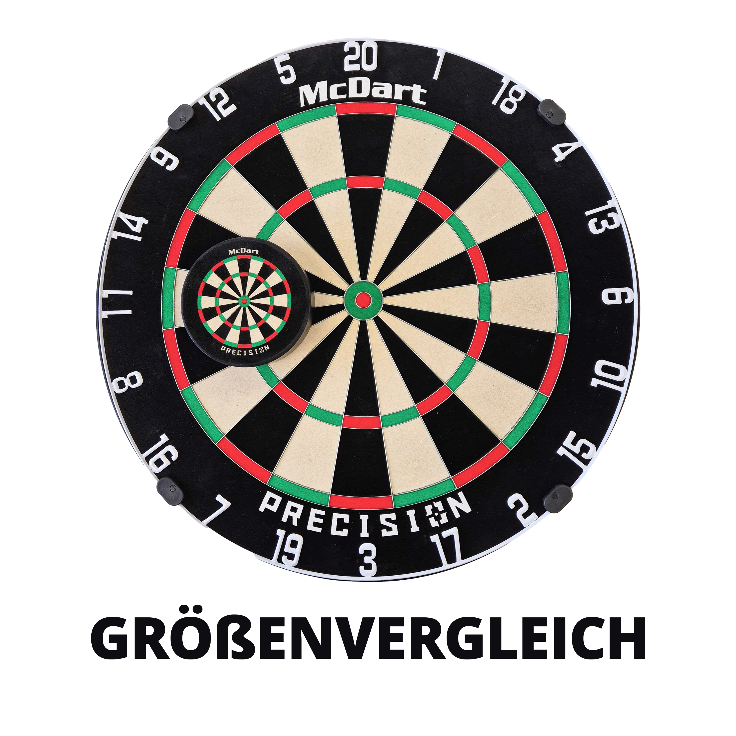 McDart Precision Mini Dartboard Darthalter Das Bild zeigt zwei McDart Präzisions-Dartscheiben in unterschiedlichen Größen übereinandergelegt. Im Vordergrund ist eine kleine Mini-Dartscheibe auf einer großen Dartscheibe zu sehen.