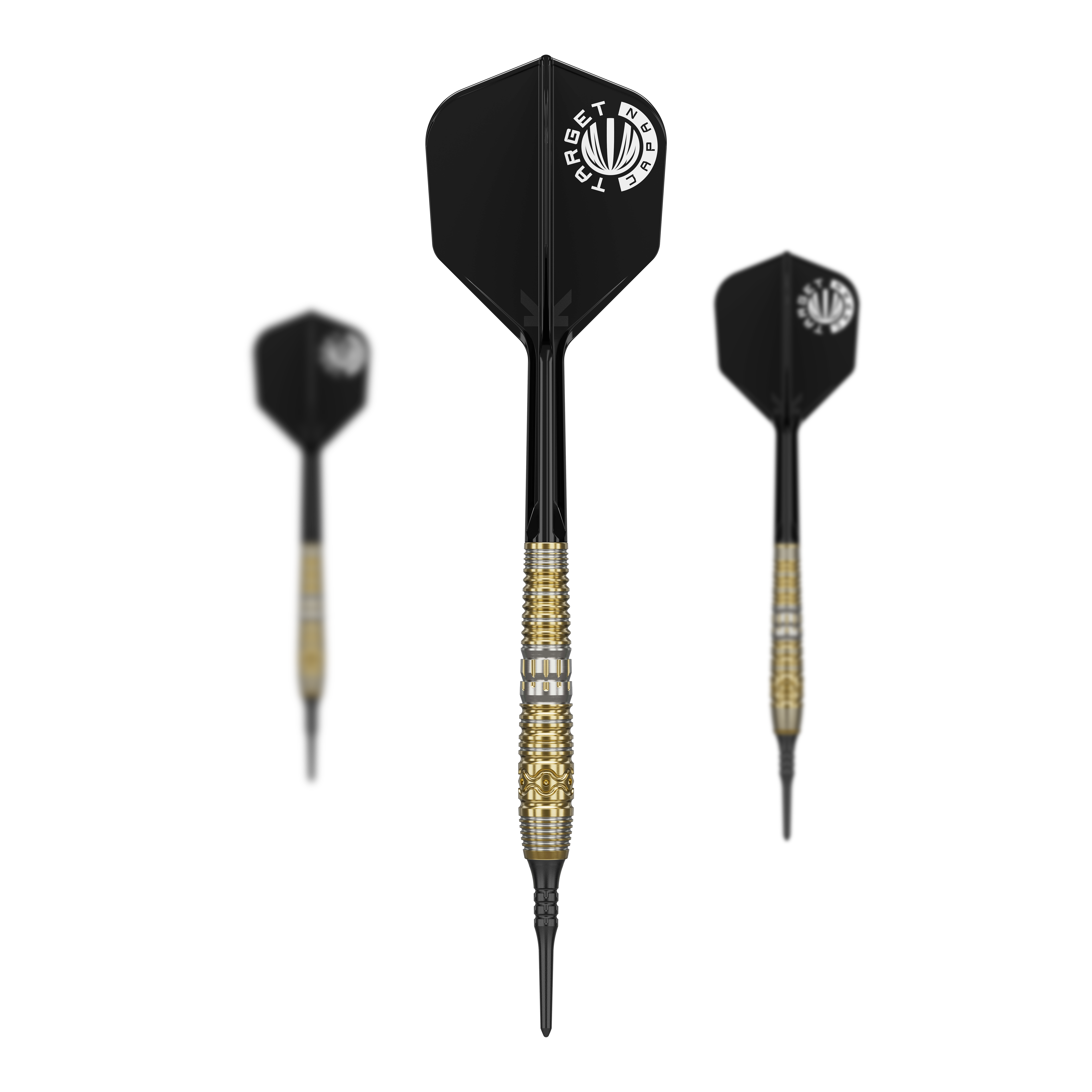 Target Japan Hot Shot GEN2 Soft Darts - 19g Auf dem Bild sind drei Softdarts des Produkts "Target Japan Hot Shot GEN2 Softdarts - 19g" zu sehen. Die Darts haben schwarze Flights und goldene Griffe mit feinen Gravuren.