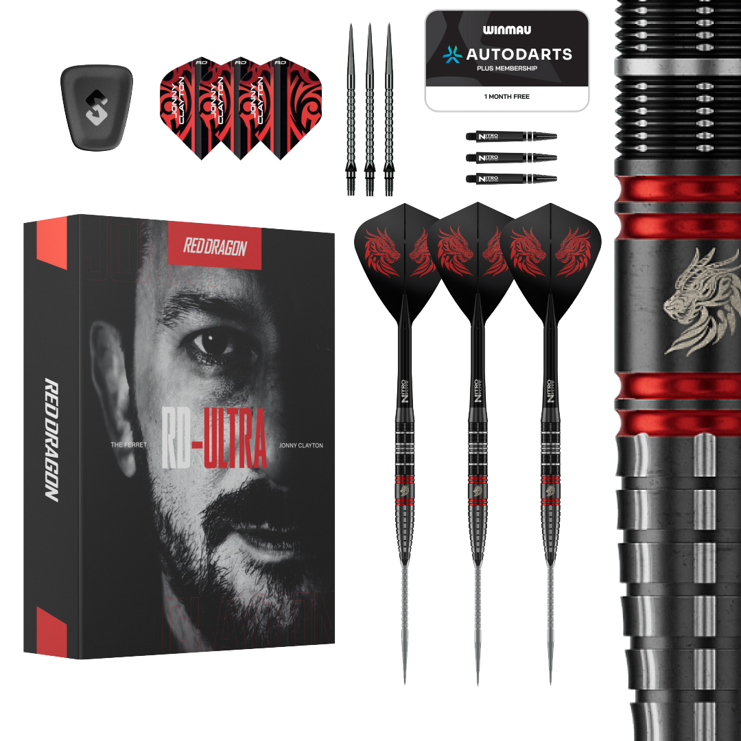 Red Dragon Jonny Clayton RD-ULTRA Switch Point stalen dartpijlen - 22 g Auf dem Bild ist das Produkt Red Dragon Jonny Clayton RD-ULTRA Switch Point Steeldarts - 22g zu sehen. Die Steeldarts befinden sich vor einem weißen Hintergrund.