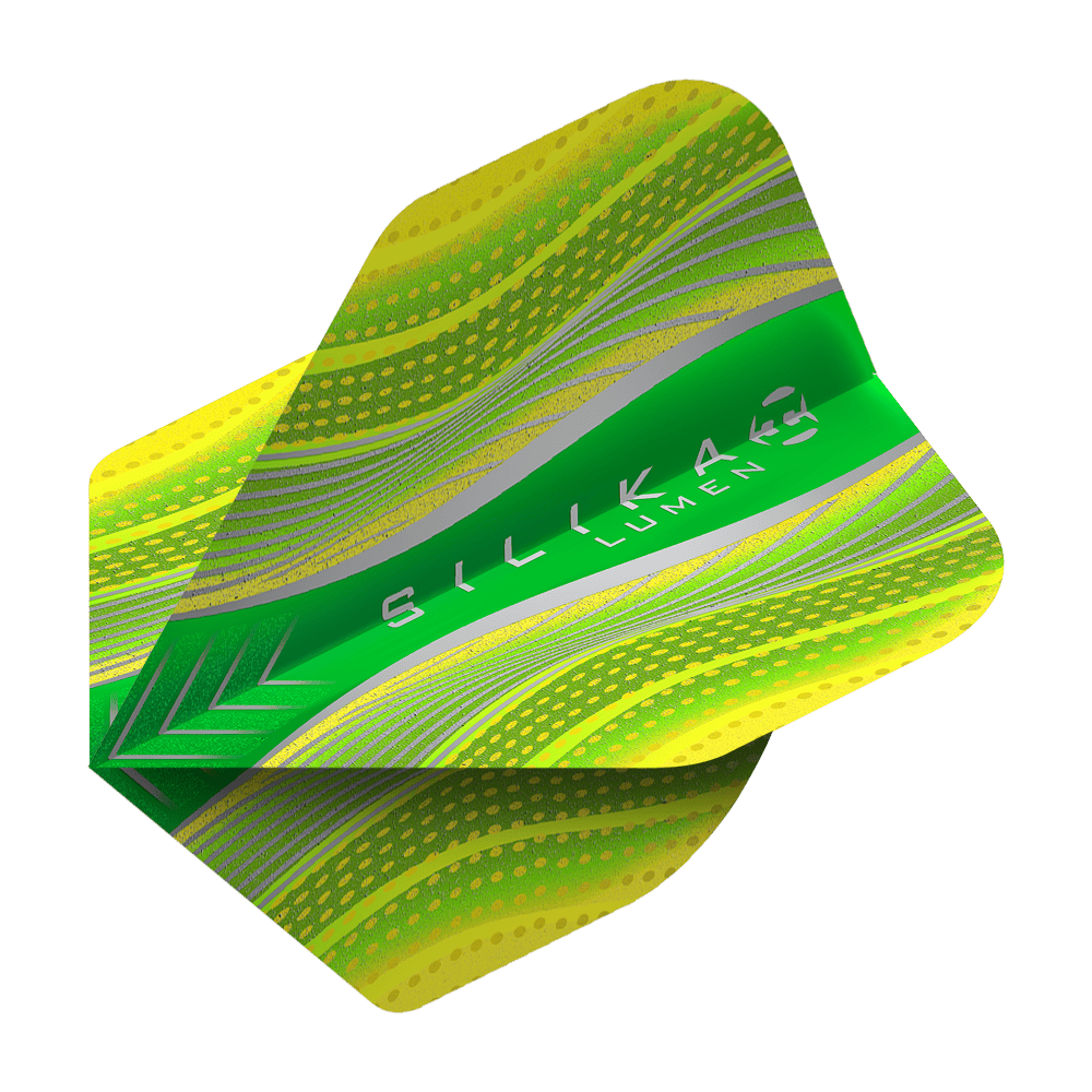 HR79_Harrows_Silika_Lumen_Yellow_No2_Standard_Flights_2 Harrows Silika Lumen Yellow No2 Standard Flights. Die Abbildung zeigt Dartflights mit gelblichen Verzierungen.