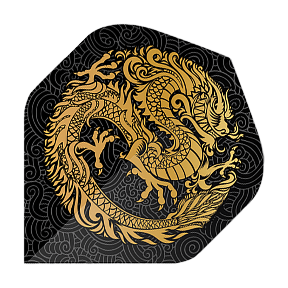 Pentathlon Vluchten Draak zwart Das Bild zeigt die Pentathlon Dragon 2 Standard Flights. Auf schwarzem Hintergrund ist ein goldener Drache kunstvoll dargestellt.