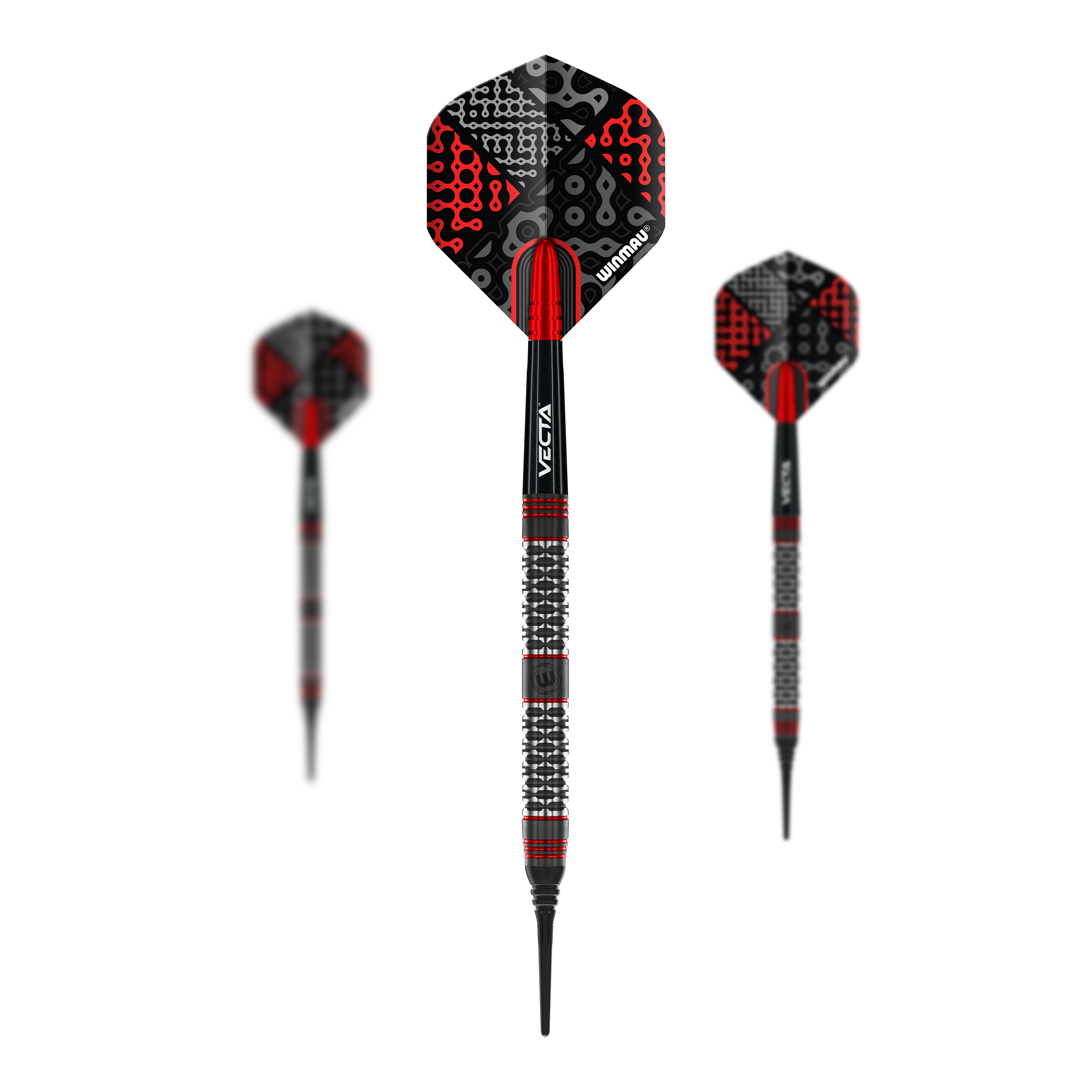 Winmau Cypher Softdarts - 20g Das Bild zeigt drei Winmau Cypher Softdarts mit einem Gewicht von 20 Gramm. Die Darts haben ein auffälliges Design in Schwarz und Rot mit strukturiertem Griff.