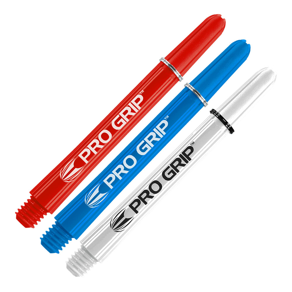 Target Pro Grip Shafts - 3 sets - Rood Blauw Wit Das Bild zeigt drei Dartschäfte in den Farben Rot, Blau und Weiß. Auf jedem Schaft steht der Schriftzug "PRO GRIP".