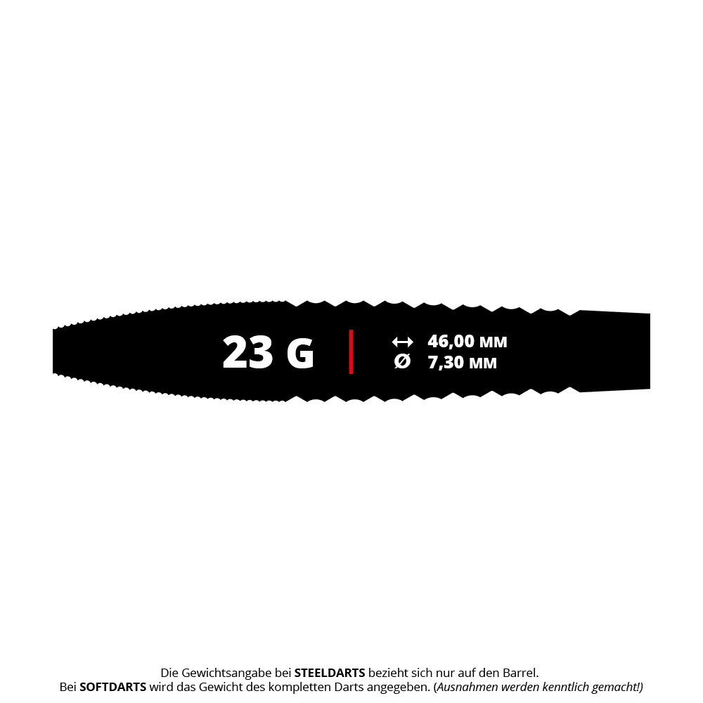 Mission Rhodon Steeldarts - 23g ist das gezeigte Produkt. Die Steeldarts haben ein Gewicht von 23g und sind für Turniere geeignet.