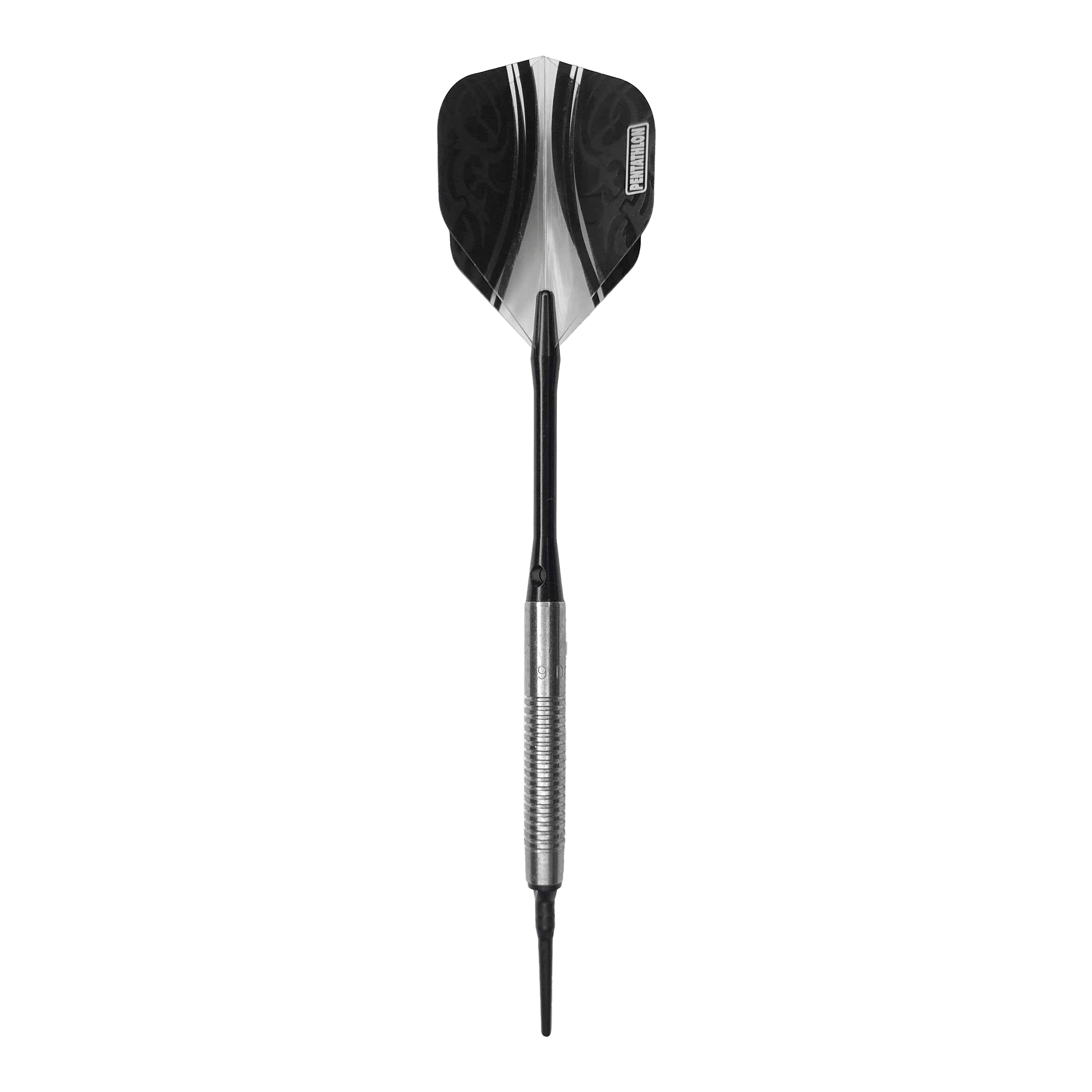 McDart 85 Tungsten V21 zachte dartpijlen - 18,5 g Das Bild zeigt einen McDart 85er Tungsten V21 Softdart mit einem Gewicht von 18,5g. Der Dart hat eine silberne, gerillte Barrel und schwarze Flights.