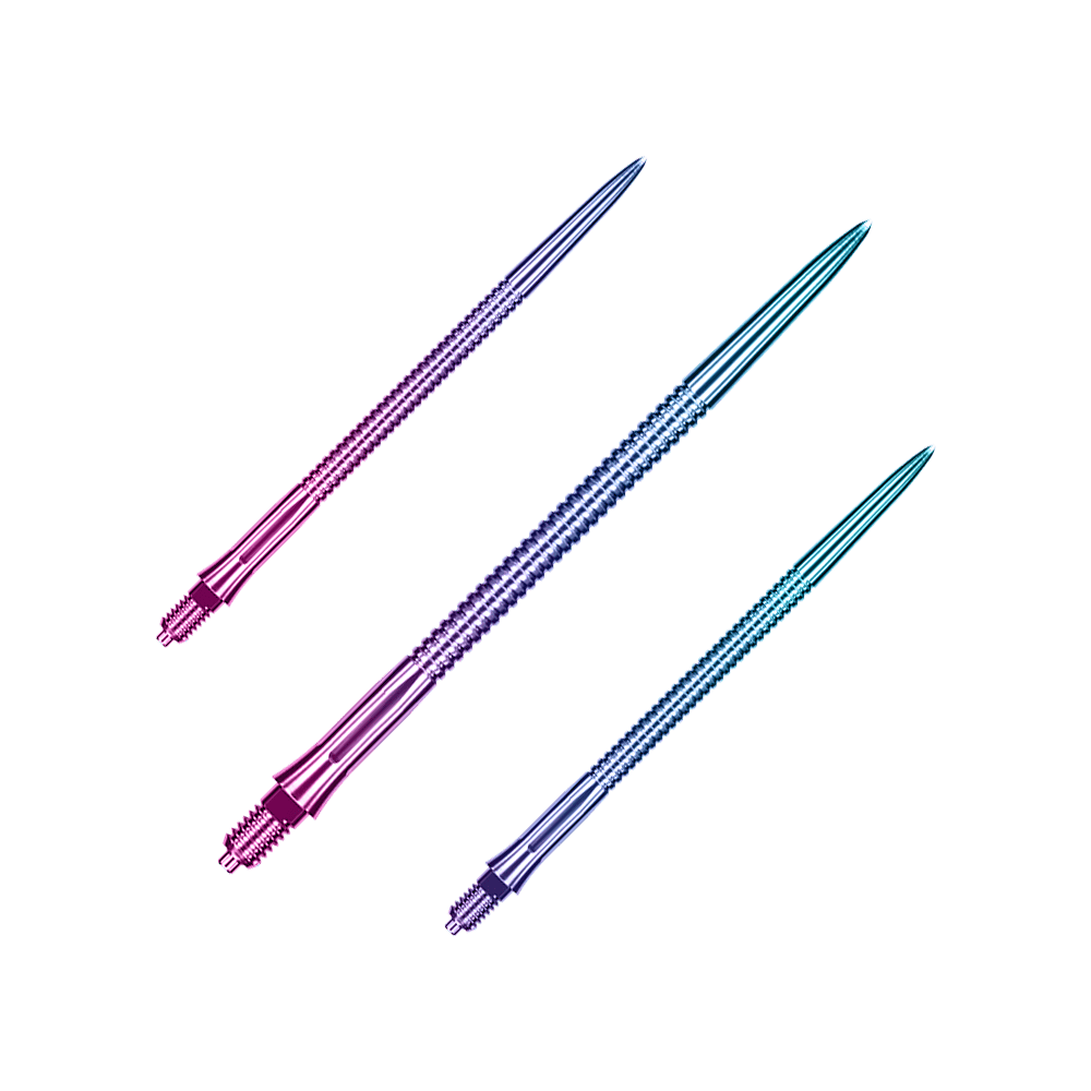 Caliburn EZ-EVO dartpunten - Gegroefd - Regenboog Auf dem Bild sieht man ein Set Caliburn EZ-EVO Dartspitzen mit grooved Rainbow-Optik, 45 mm lang. Die Spitzen zeichnen sich durch ein buntes, geriffeltes Muster aus.