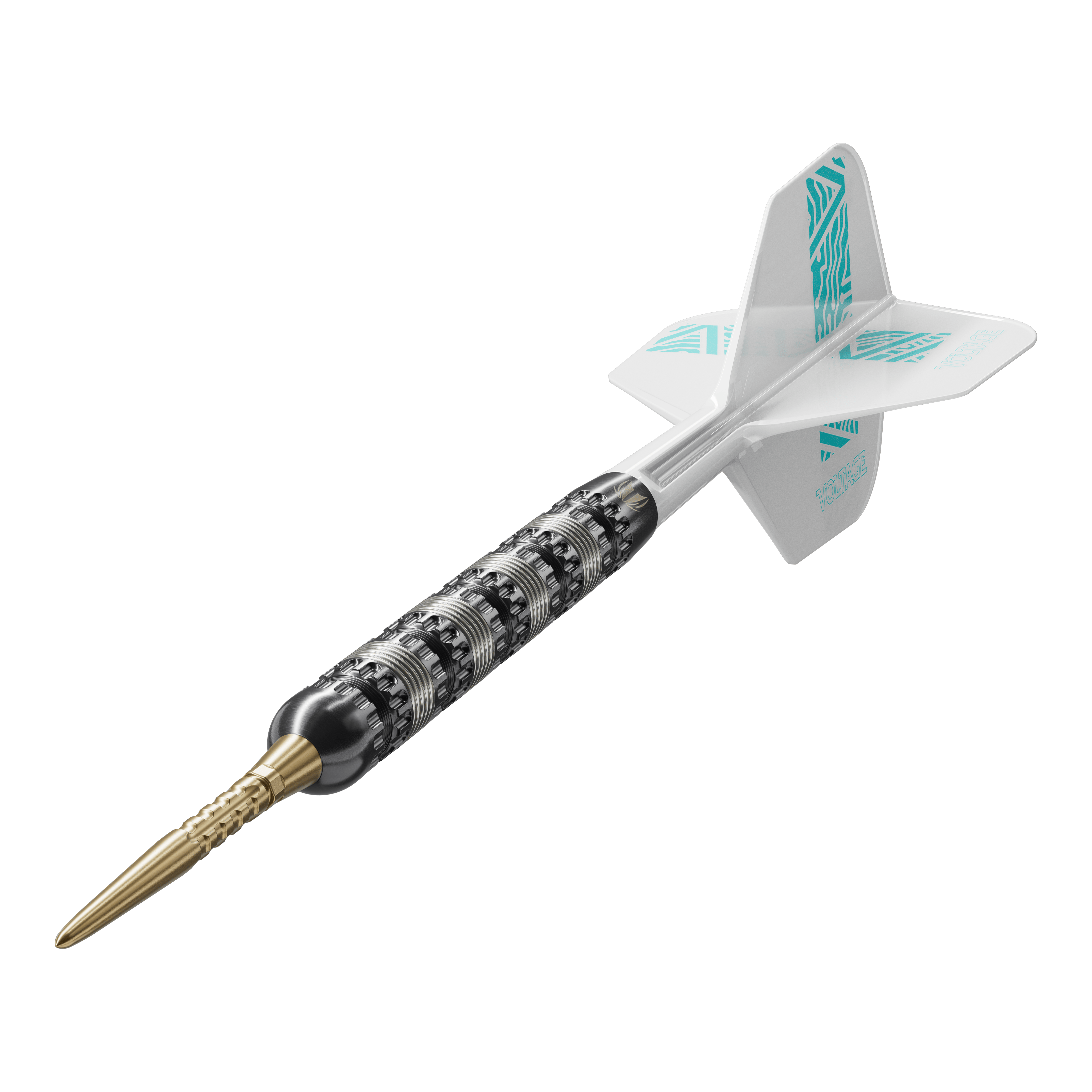 Target Rob Cross 95K Swiss Point Steel Darts Das Bild zeigt einen Target Rob Cross 95K Swiss Point Steeldart. Der Dart hat eine schwarze Griffzone, eine goldene Spitze und weiße Flights mit türkisfarbenem Muster.