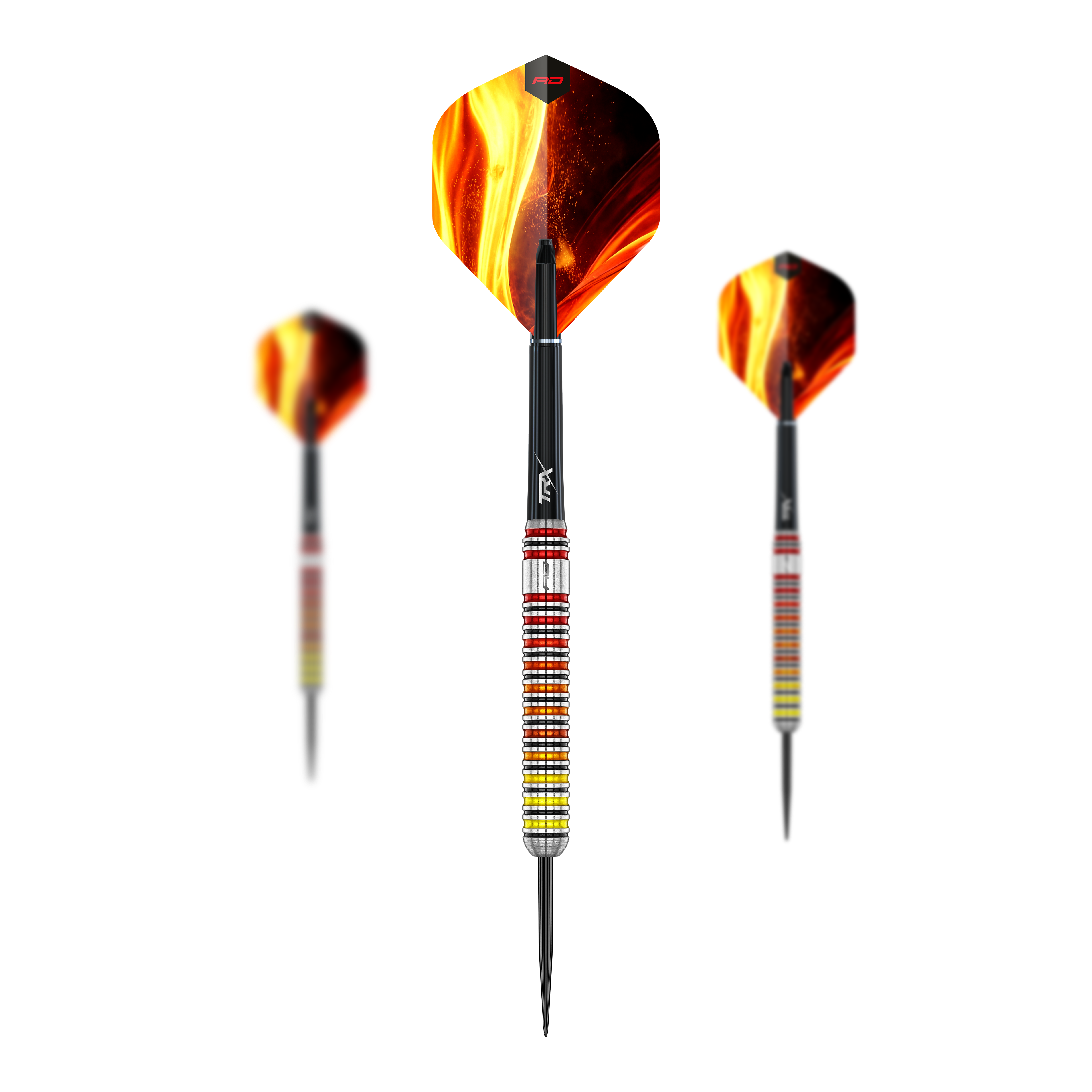 Red Dragon Oven Stalen Darts Hier sehen Sie das Set der Red Dragon Furnace Steeldarts. Die Darts sind in einer geordneten Anordnung dargestellt.