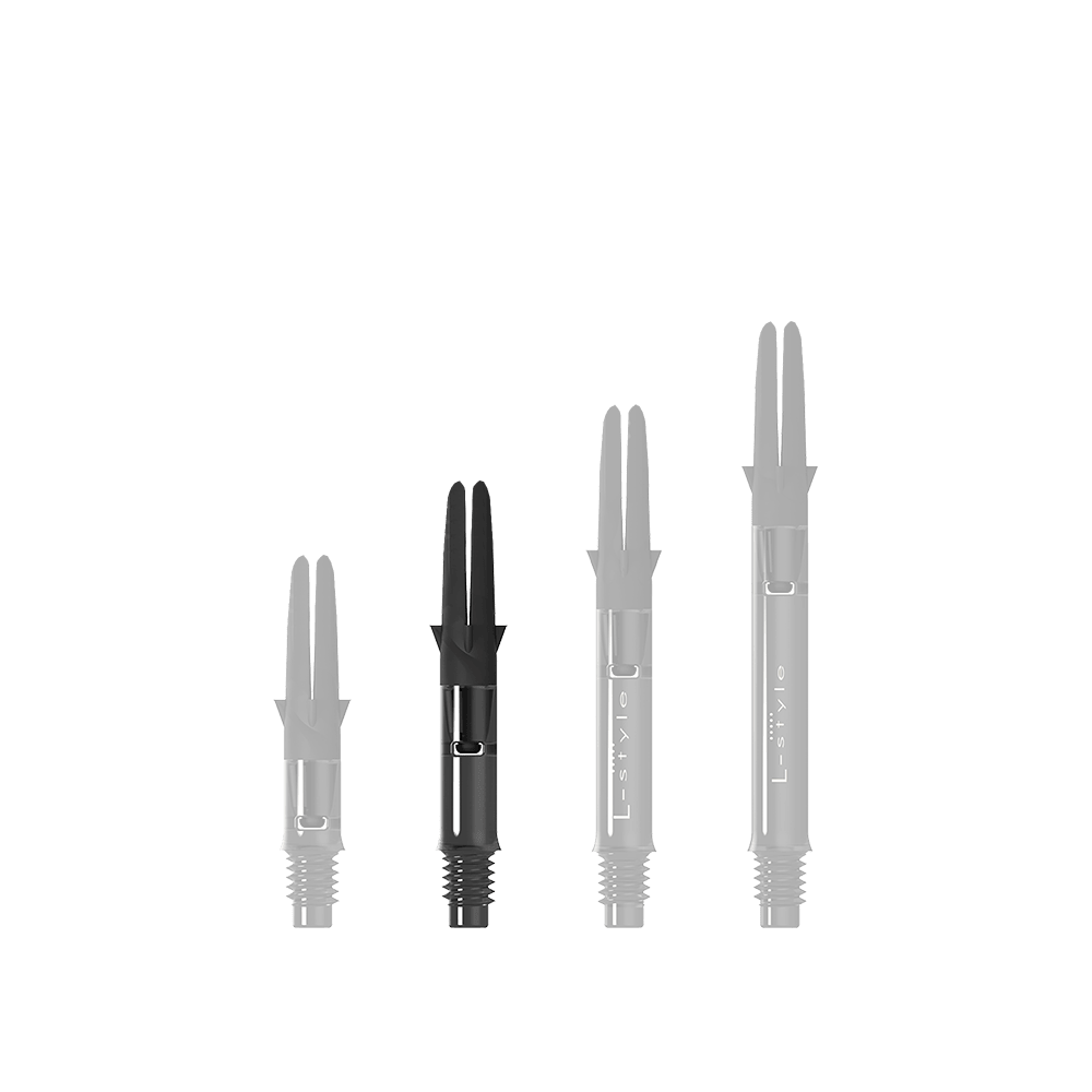 L-L-Style-Shaft Carbon Silent Straight - Zwart Das Bild zeigt drei schwarze Dartshafts in unterschiedlicher Länge. Sie sind aus Carbon gefertigt und tragen die Aufschrift "L-Style".