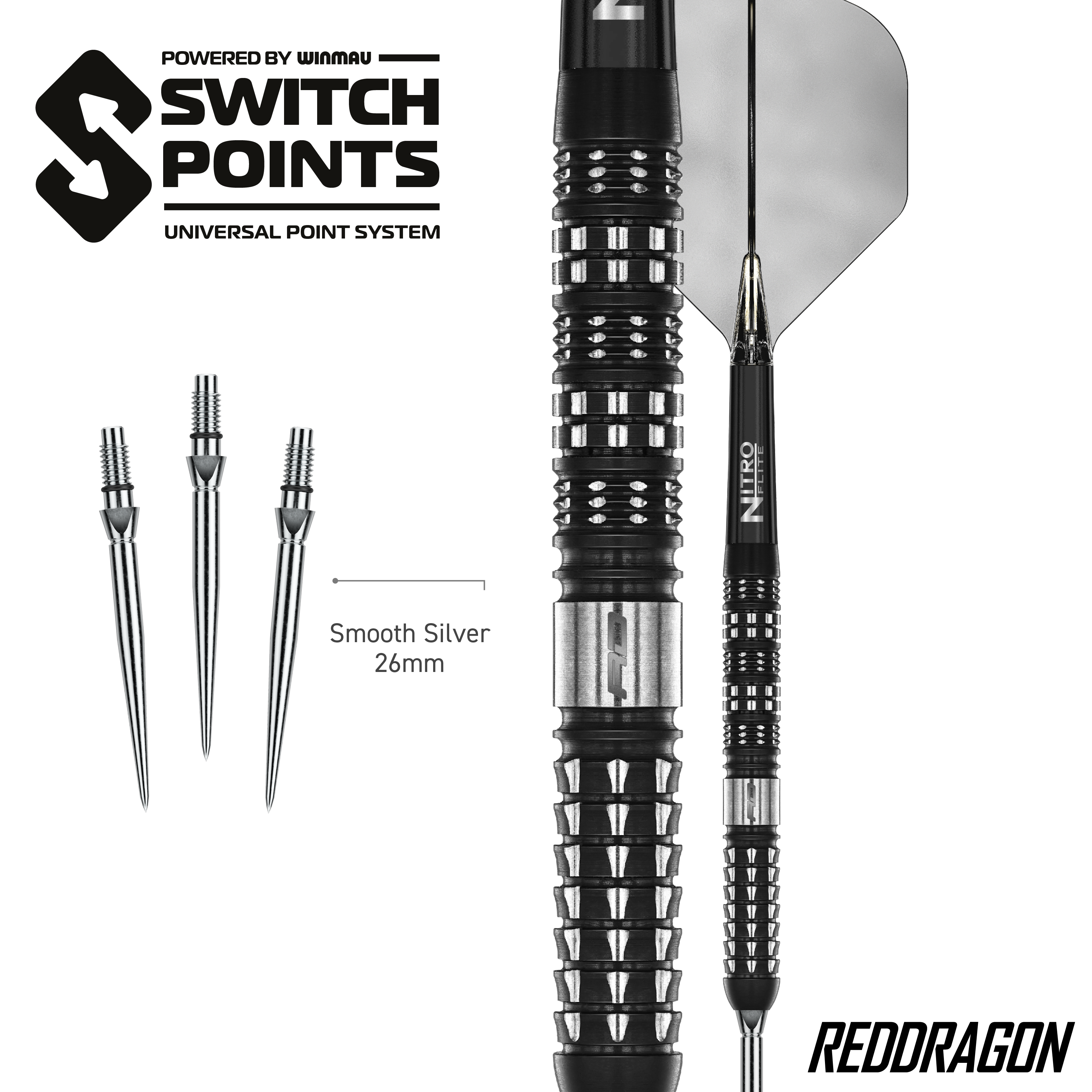Auf dem Bild sind die Red Dragon Recon Parallel Steeldarts zu sehen. Die Darts haben ein paralleles Barrel-Design für gleichmäßigen Griff.