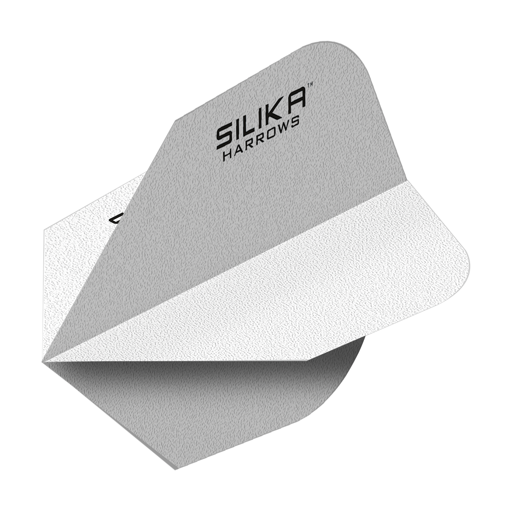 Harrows Silica Solid Tough Crystalline Coating Wit No6 Flights Das Bild zeigt ein weißes Dart-Flight mit der Aufschrift "Silika Harrows". Das Flight hat eine solide, strukturierte Oberfläche und ist speziell für hohe Haltbarkeit entwickelt.