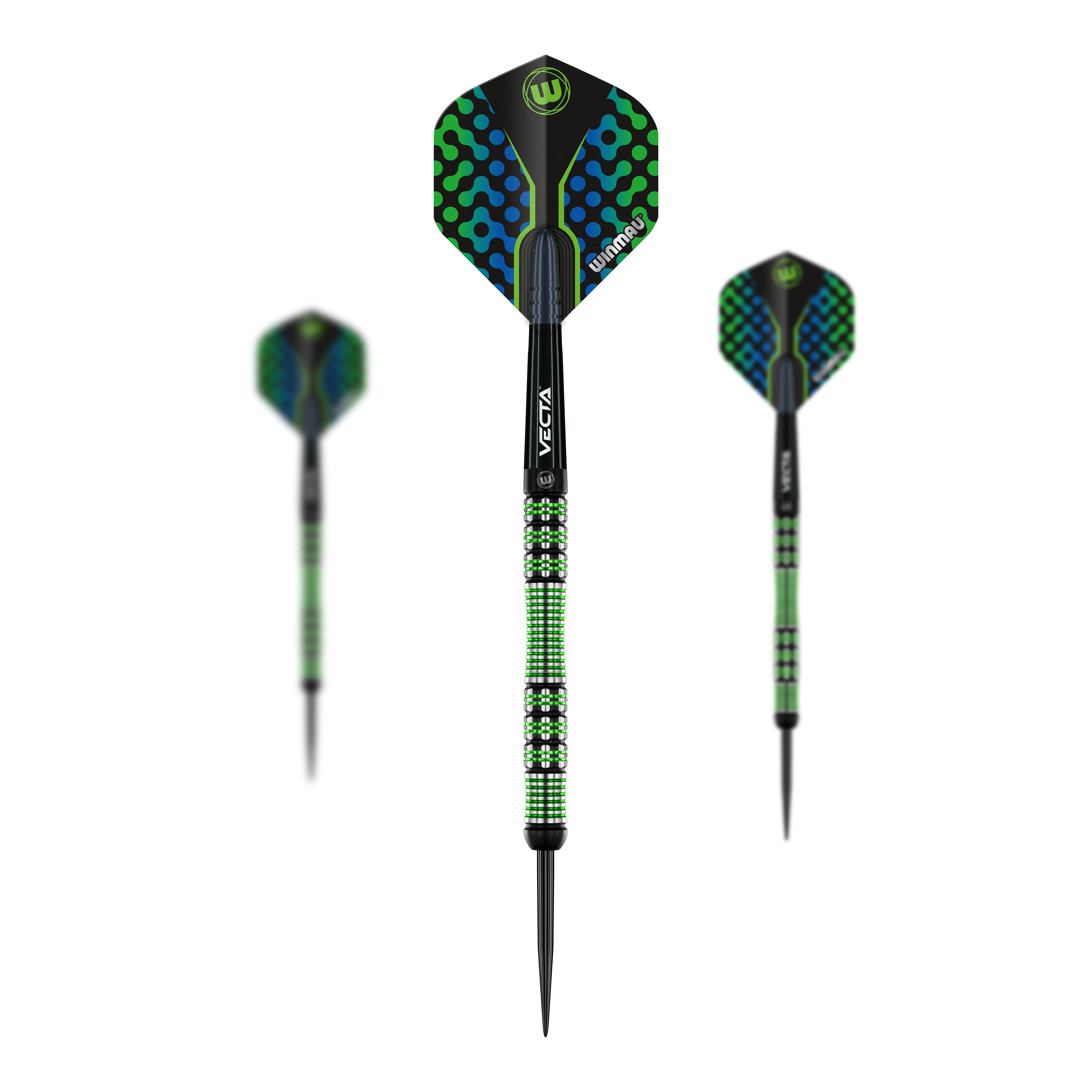 Winmau Brendan Dolan steel darts Das Bild zeigt drei Winmau Brendan Dolan Steeldarts mit auffälligem grün-blauem Design. Die Darts haben schwarz-grün gemusterte Griffe und schwarze Spitzen.