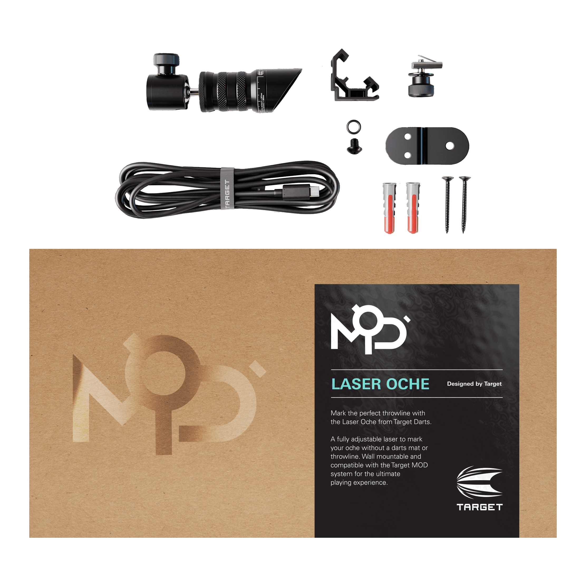 Target MOD Laser Oak Das Bild zeigt das Produkt „Target MOD Laser Oche“ mit allen enthaltenen Teilen, wie Kabel, Schrauben und Montagematerial. Die Verpackung liegt im Vordergrund und trägt die Produktbezeichnung sowie eine kurze Beschreibung.