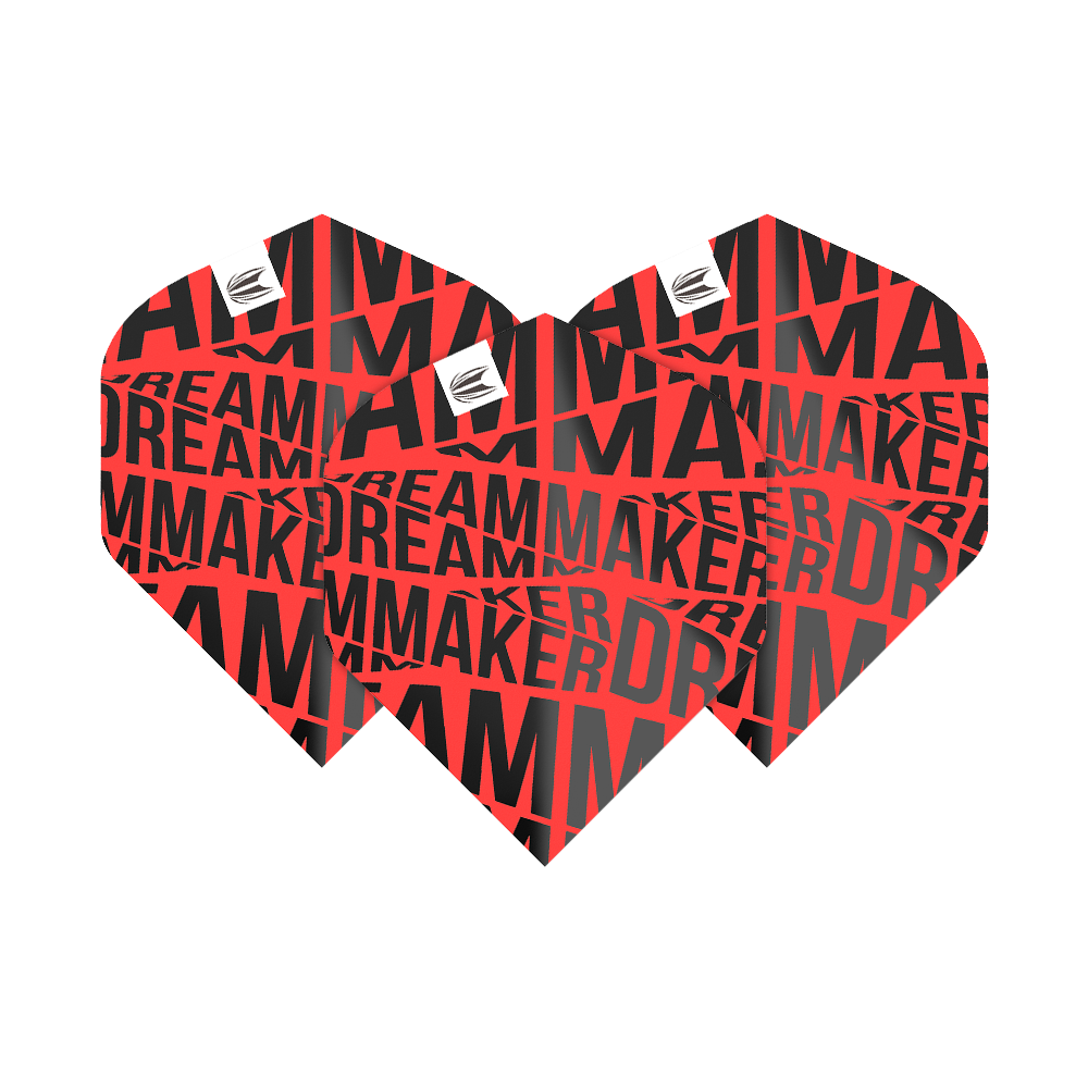 TG82_336580_Target_Pro_Ultra_Dimitri_Van_Den_Bergh_Red_No2_Standard_Flights_1QDLvxvr0Ulrxq Das Bild zeigt die Target Pro Ultra Dimitri Van Den Bergh Red No2 Standard Flights. Die Flights sind rot-schwarz und mit dem Schriftzug „DREAM MAKER“ bedruckt.