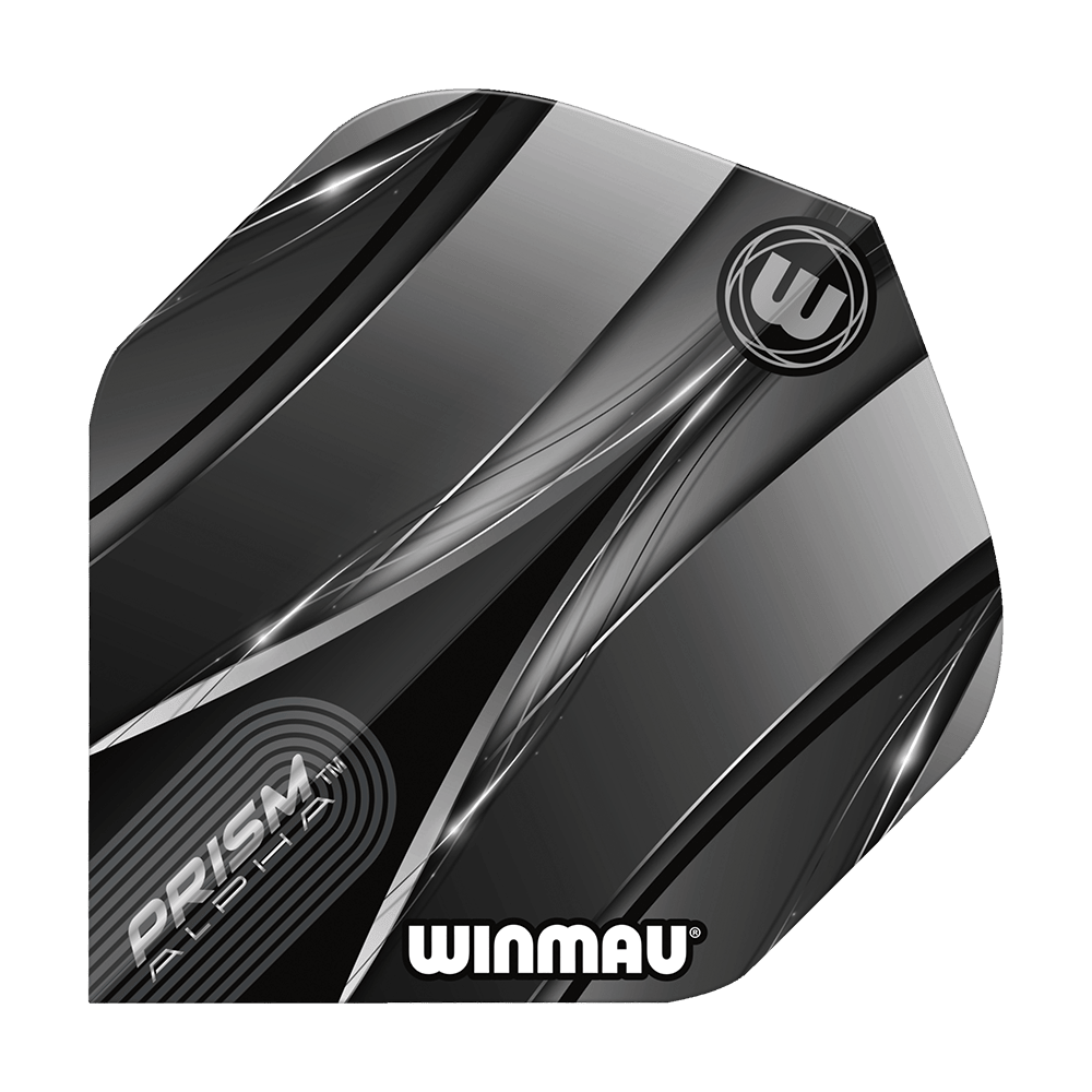 Winmau Alpha Sniper Black standaardvluchten Das Bild zeigt einen Winmau Alpha Sniper Black Standard Flight für Darts. Das Design ist überwiegend schwarz und silber mit stilisierten Linien und dem Winmau-Logo.