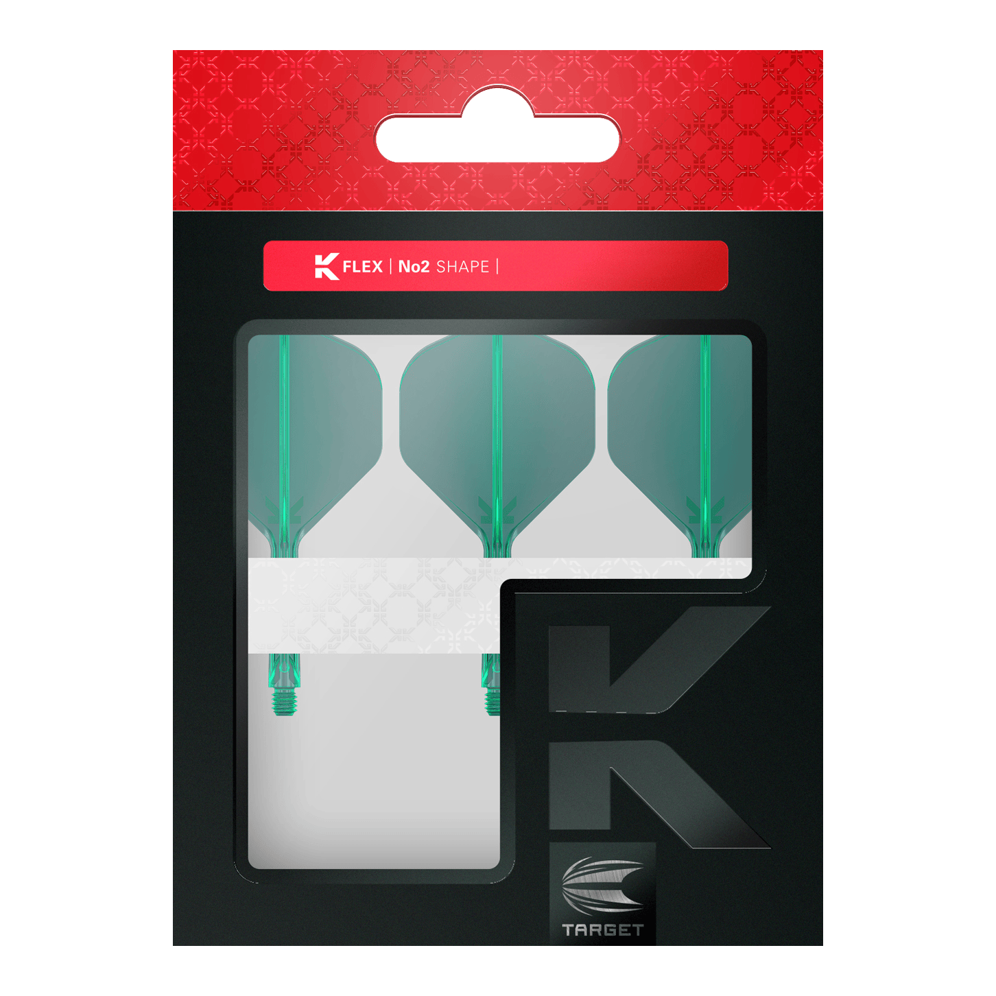 Target K-Flex No2 Standaard Vluchtsysteem - Groen Dart-Flights mit gleichmäßiger Flächenstruktur und definierter Form sind abgebildet. Die Produkte liegen sortiert neben- und übereinander.