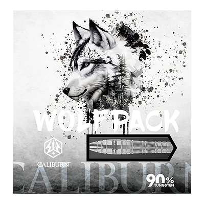 Caliburn Wolfpack W2 Steeldarts - 22g Das Bild zeigt die Verpackung der Caliburn Wolfpack W2 Steeldarts – 22g mit einer stilisierten Zeichnung eines Wolfes. Auf der Verpackung steht außerdem "90% Tungsten".
