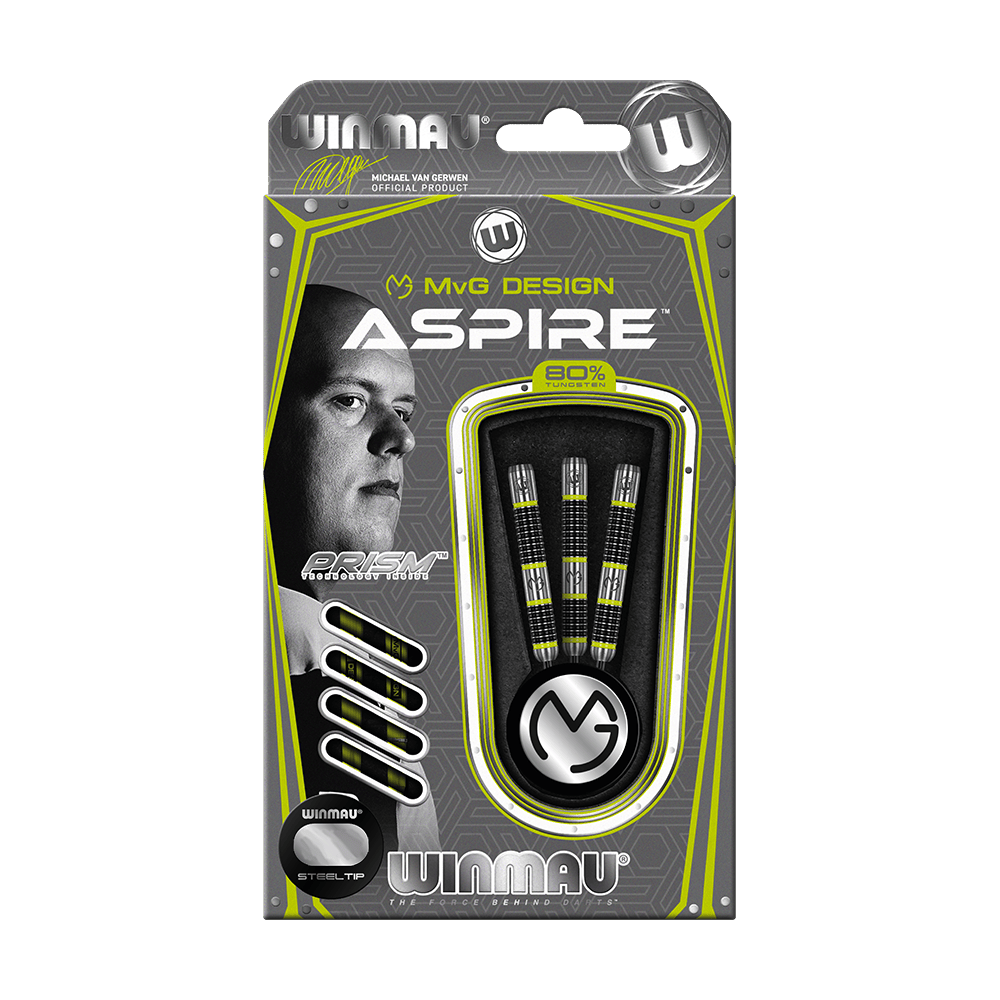 1444_Winmau_Michael_Van_Gerwen_MvG_Aspire_Steeldarts_3 Die Abbildung zeigt die Winmau Michael Van Gerwen MvG Aspire Steeldarts in ihrer Originalverpackung. Die Verpackung ist in Schwarz, Grau und Gelb gehalten und präsentiert drei Dartpfeile sowie das MvG-Logo.