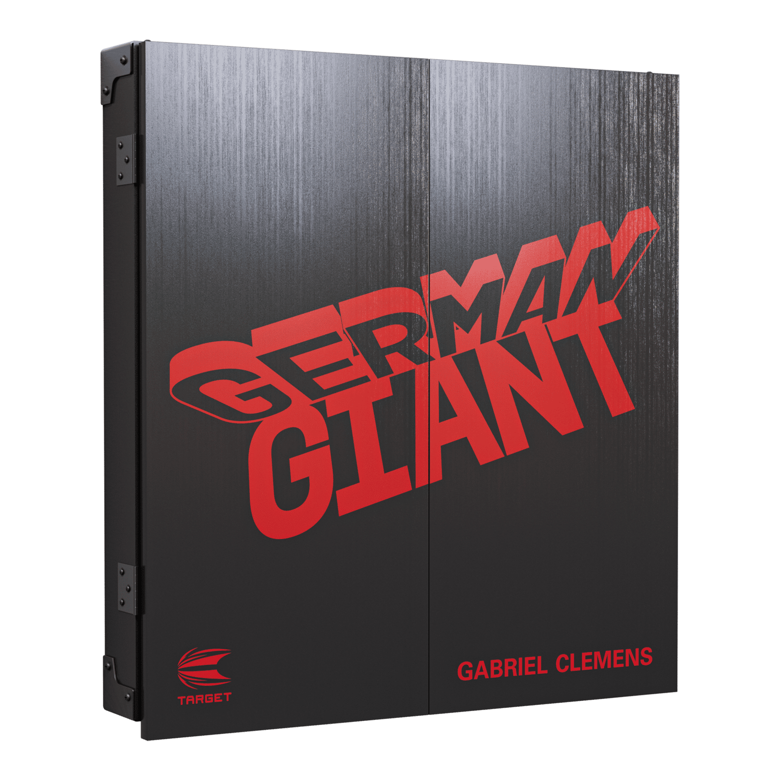 Das Bild zeigt das "Target Gabriel Clemens Kabinet Dartboard Set" mit einem schwarzen Gehäuse. Auf der Vorderseite steht in großen roten Buchstaben "German Giant" und unten der Name "Gabriel Clemens".
