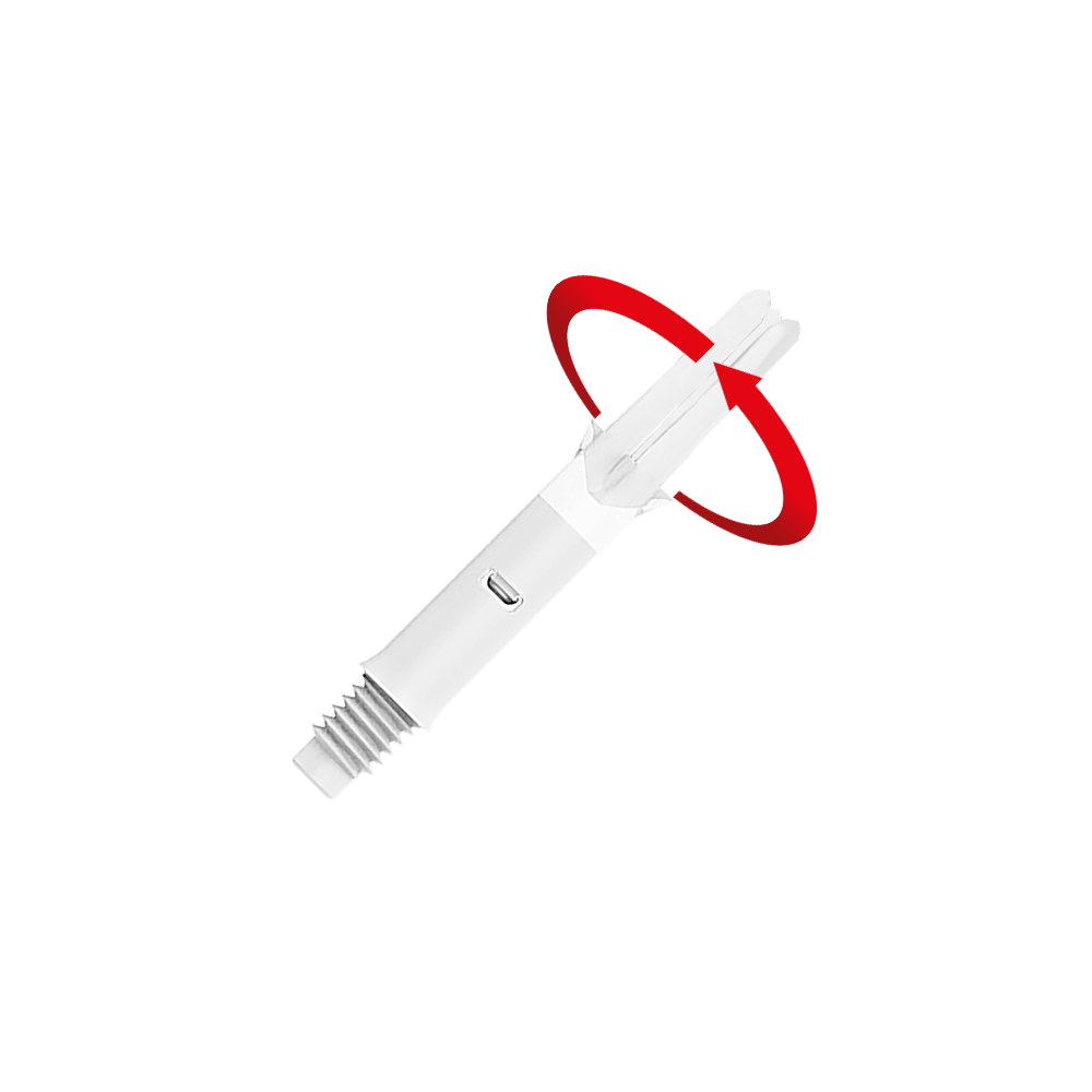 L-L-Style-Shafts Silent Straight - Wit Das Bild zeigt einen weißen Dartshaft ohne Kappen. Ein roter Pfeil deutet eine Drehbewegung an der Spitze des Shafts an.
