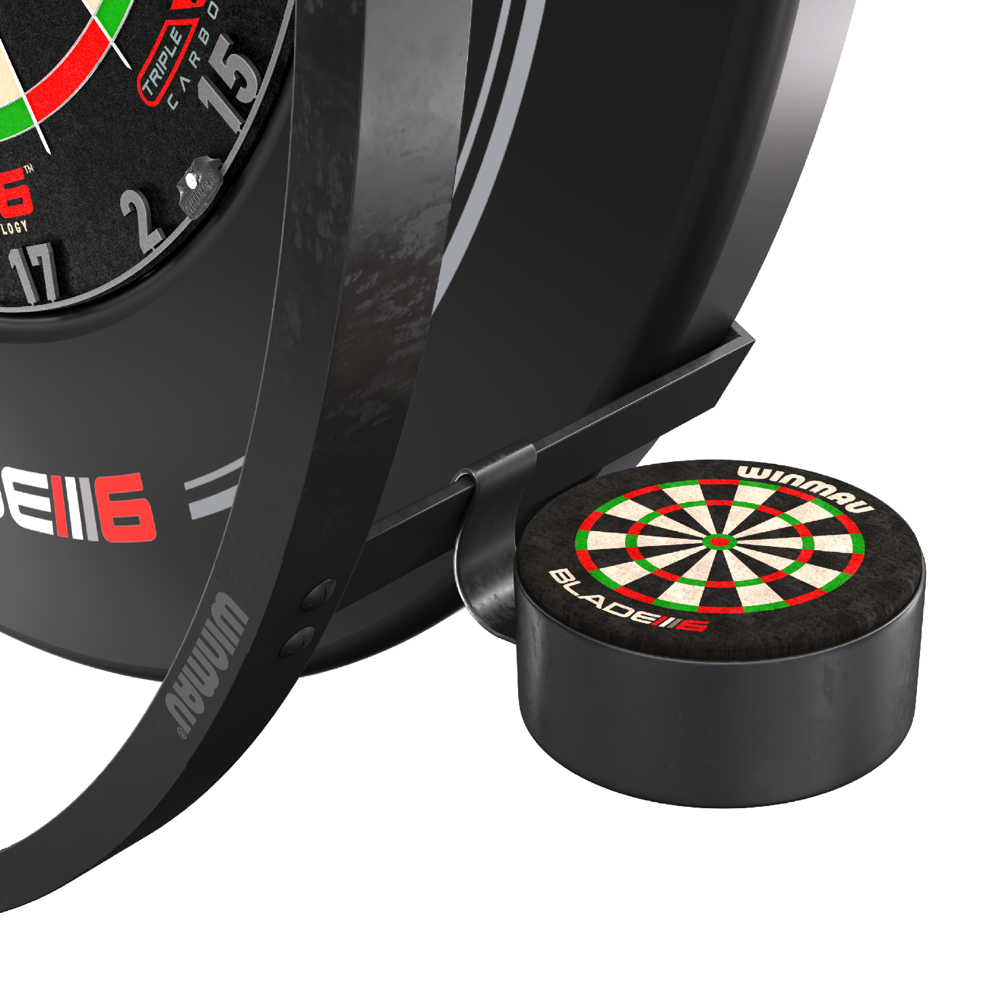 Winmau Plasma-accessoireset Das Bild zeigt das Winmau Plasma Zubehör Set für Dartscheiben. Zu sehen sind Teile des Zubehörs sowie ein Element mit einem aufgedruckten Dartboard-Design.