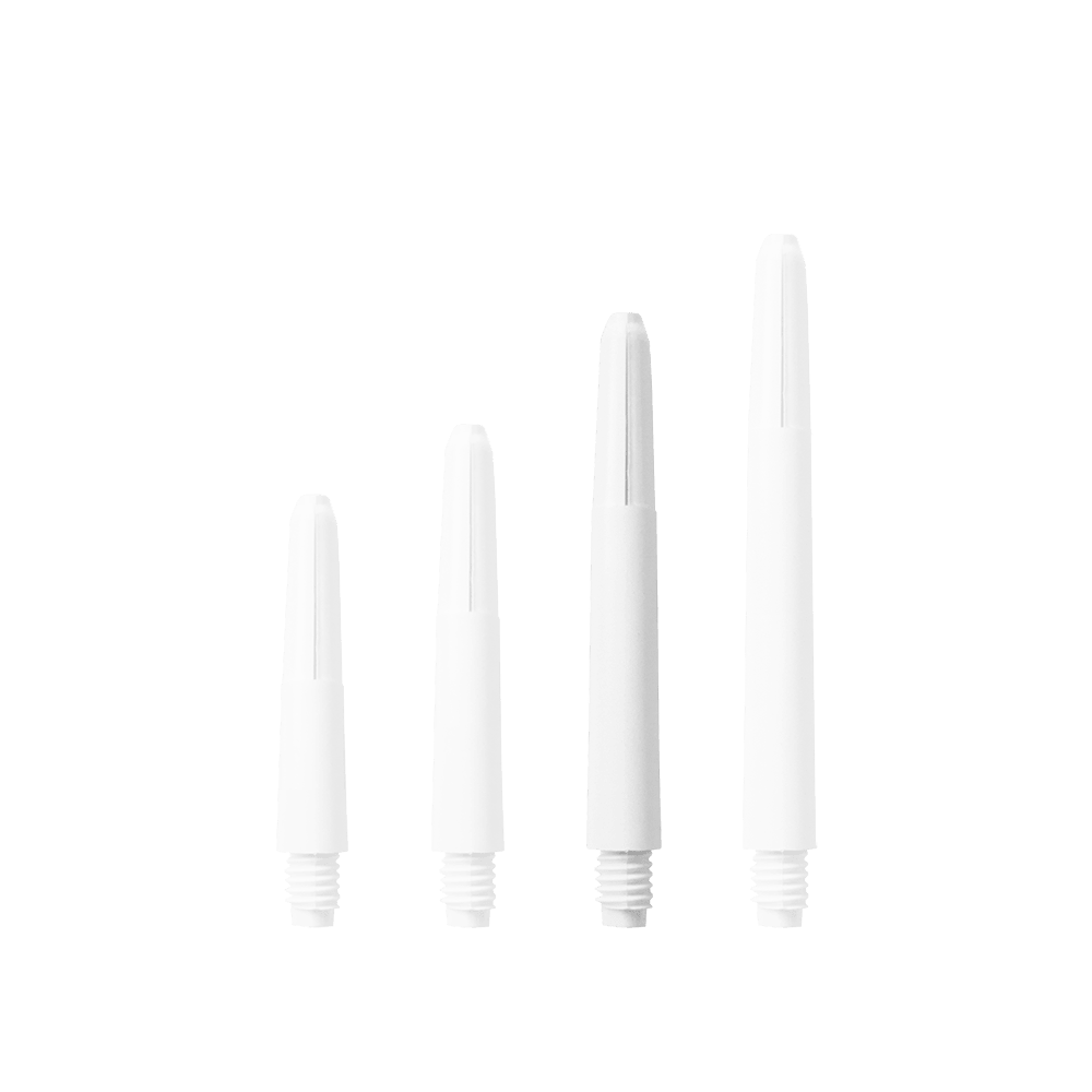 582_Nylon_Shafts_Schneeweiss_40mm_1icpz0G9NZ3NKO Das Bild zeigt vier Nylon Shafts in Schneeweiß, die nebeneinander angeordnet sind. Sie unterscheiden sich in ihrer Länge und haben ein Schraubgewinde am unteren Ende.
