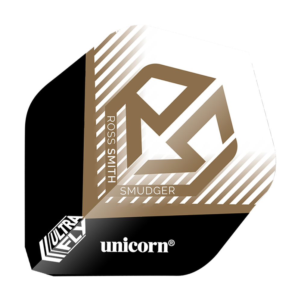 Unicorn Ultrafly 100 Ross Smith Smudger AR1-vluchten Das Bild zeigt einen Dartflight mit der Aufschrift „ROSS SMITH SMUDGER“ und einem goldenen Logo auf weißem Hintergrund. Unten befinden sich die Markenbezeichnungen „ultrafly“ und „unicorn“.