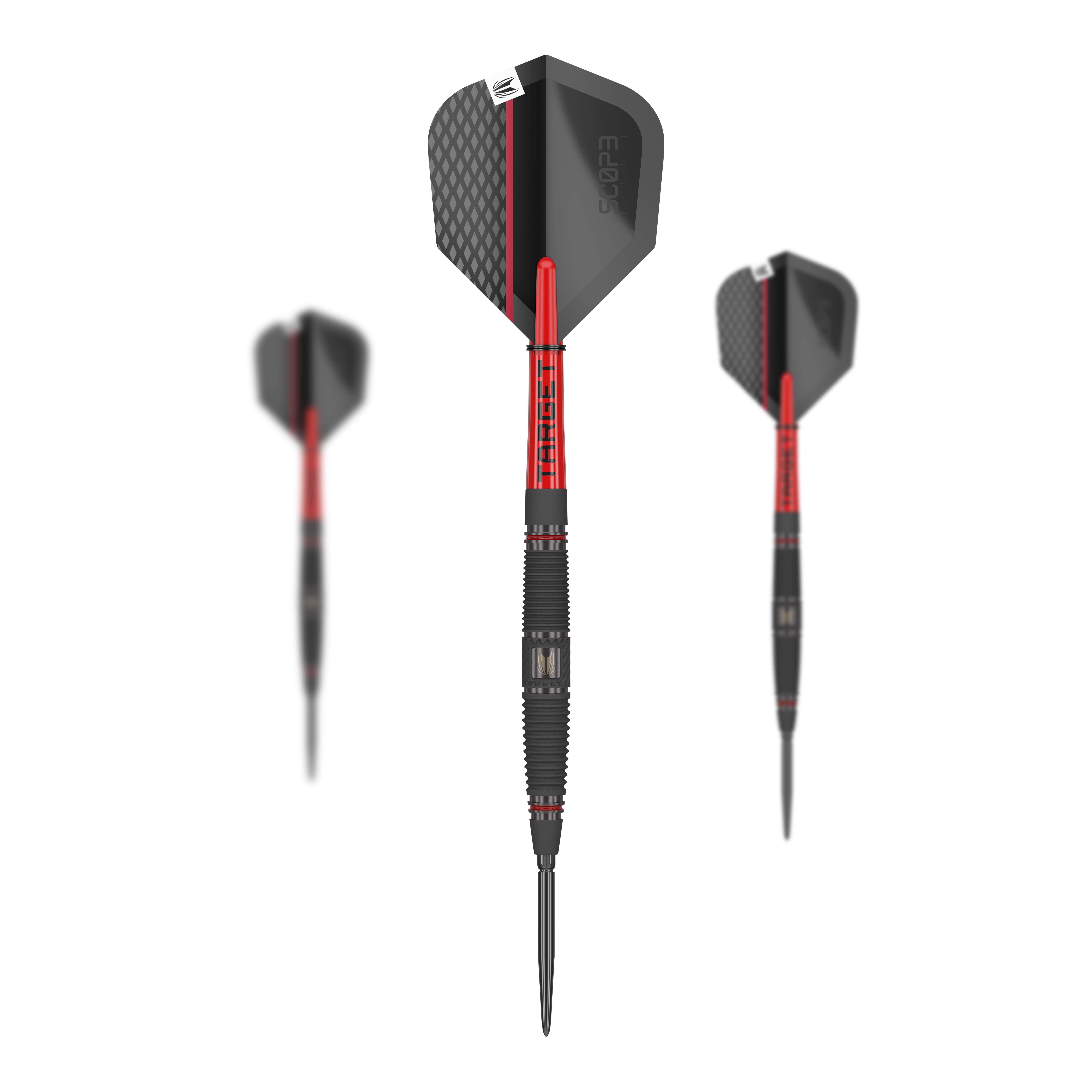 Target Scope 04 Swiss Point stalen darts Auf dem Bild sind drei Steeldarts des Modells "Target Scope 04 Swiss Point" zu sehen. Die Darts haben ein modernes Design in Schwarz und Rot mit auffälligen Details.