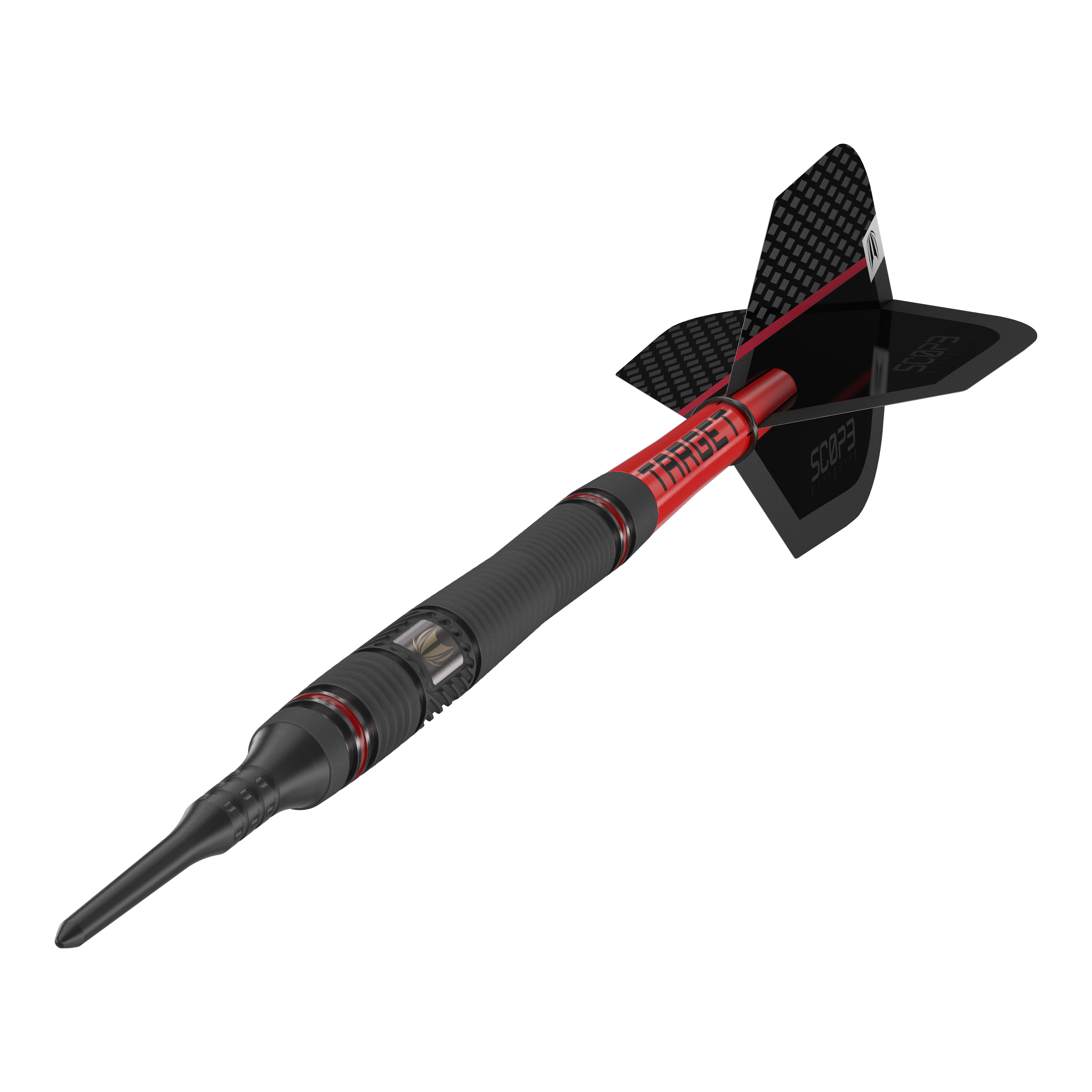 Target Scope 11 Zachte Darts Das Bild zeigt einen Target Scope 11 Softdart mit schwarzem und rotem Design. Der Dartpfeil hat eine schwarze Spitze und eine schwarze Flight-Fläche mit Schriftzug.